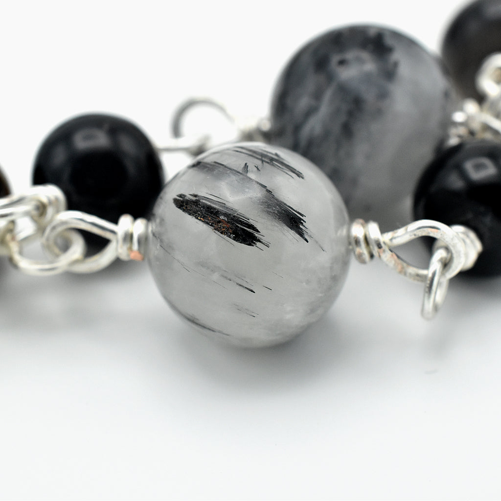 Handmade Silver-Plated Quartz & Black Agate Five-Decade Wall Rosary – One of One (33″ Length)