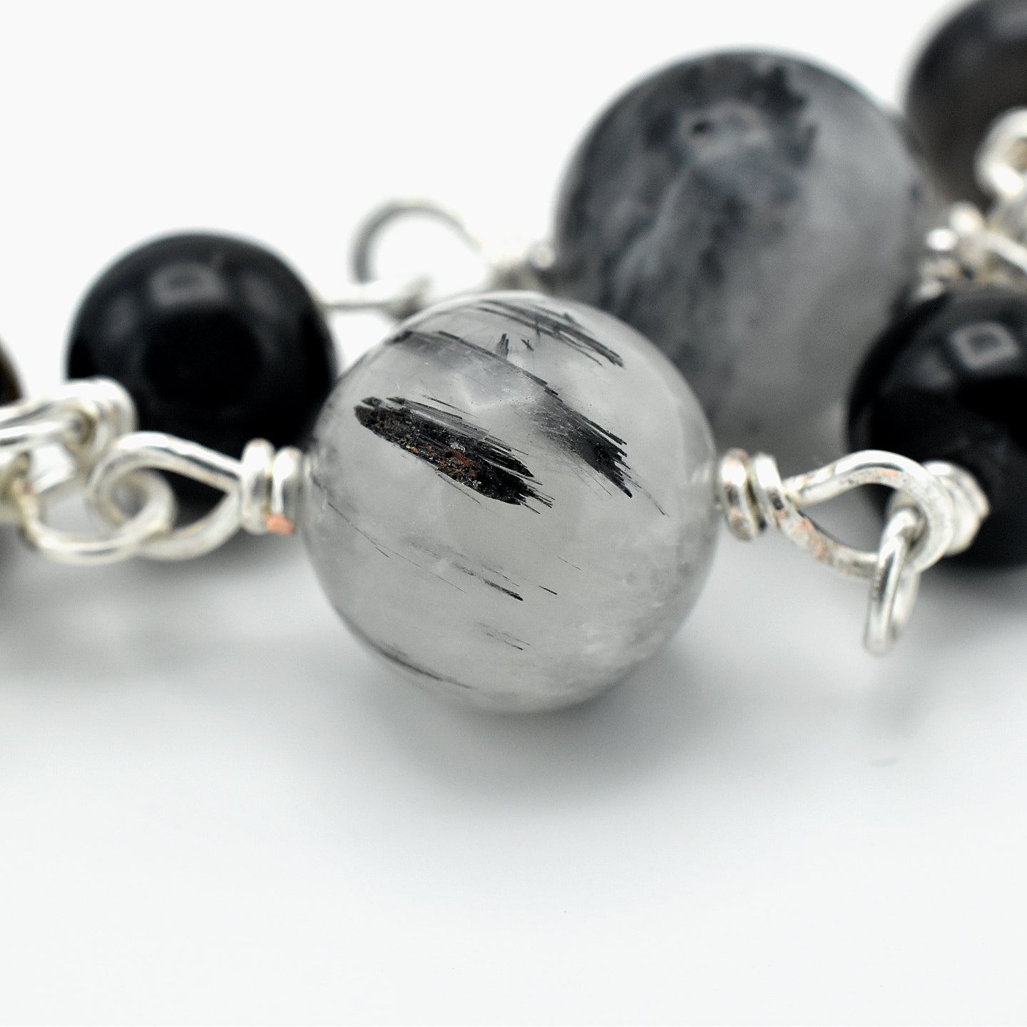Handmade Silver-Plated Quartz & Black Agate Five-Decade Wall Rosary – One of One (33″ Length)