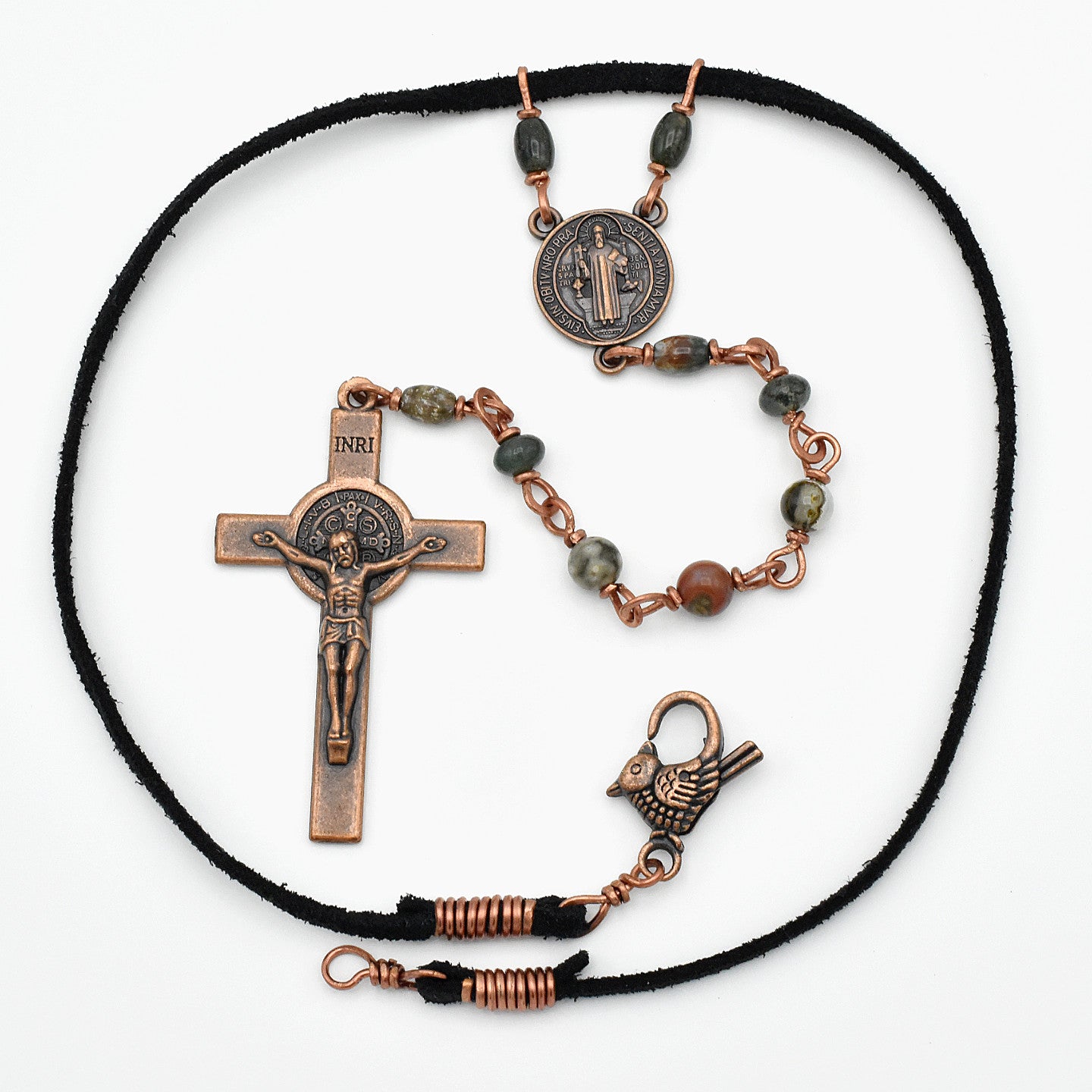 One-of-a-Kind Suede St. Benedict Cross Choker – Handmade Copper & Agate Sacred Necklace