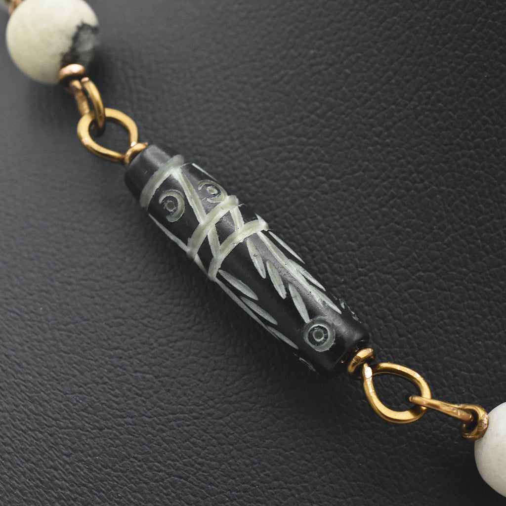 Handcrafted Carved Bone Mandala Choker Necklace with Etched Black Bone, Natural Agate & Handmade Copper Links – 17"