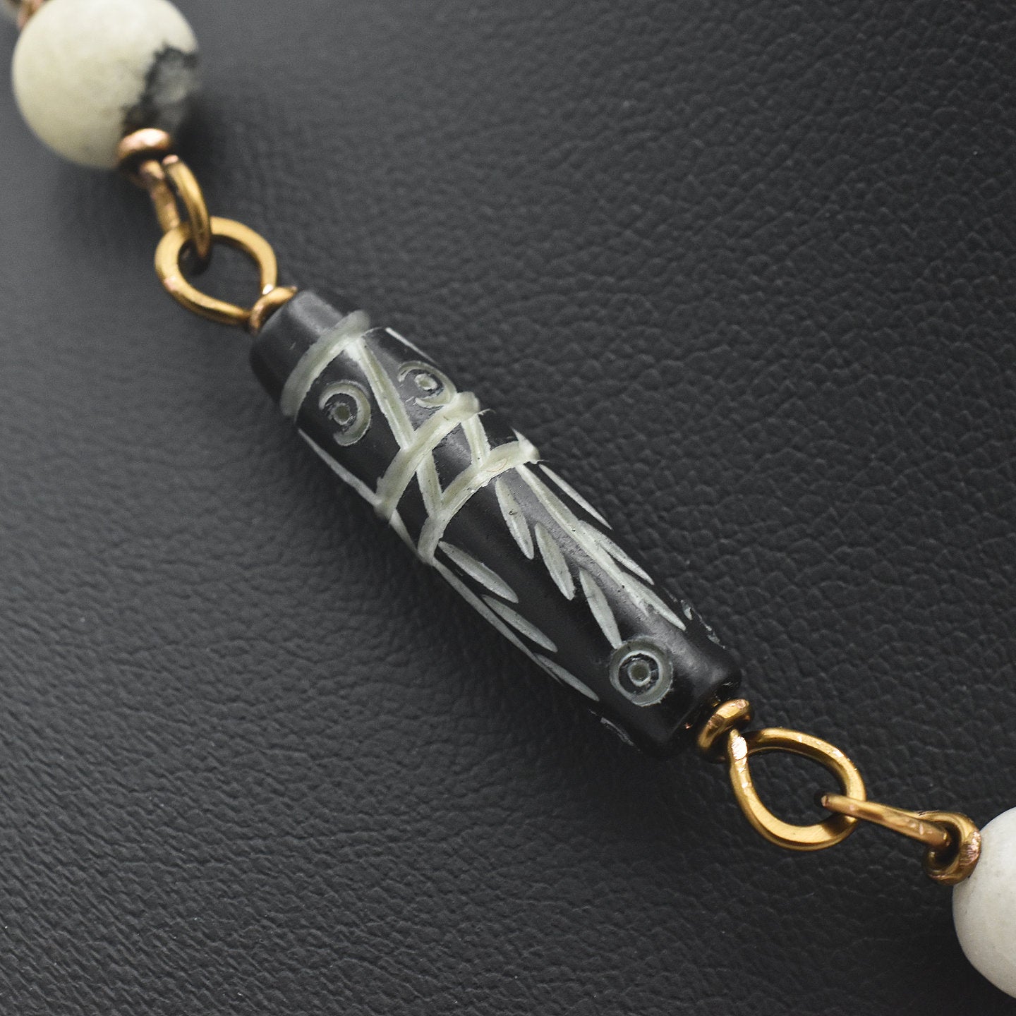 Handcrafted Carved Bone Mandala Choker Necklace with Etched Black Bone, Natural Agate & Handmade Copper Links – 17"