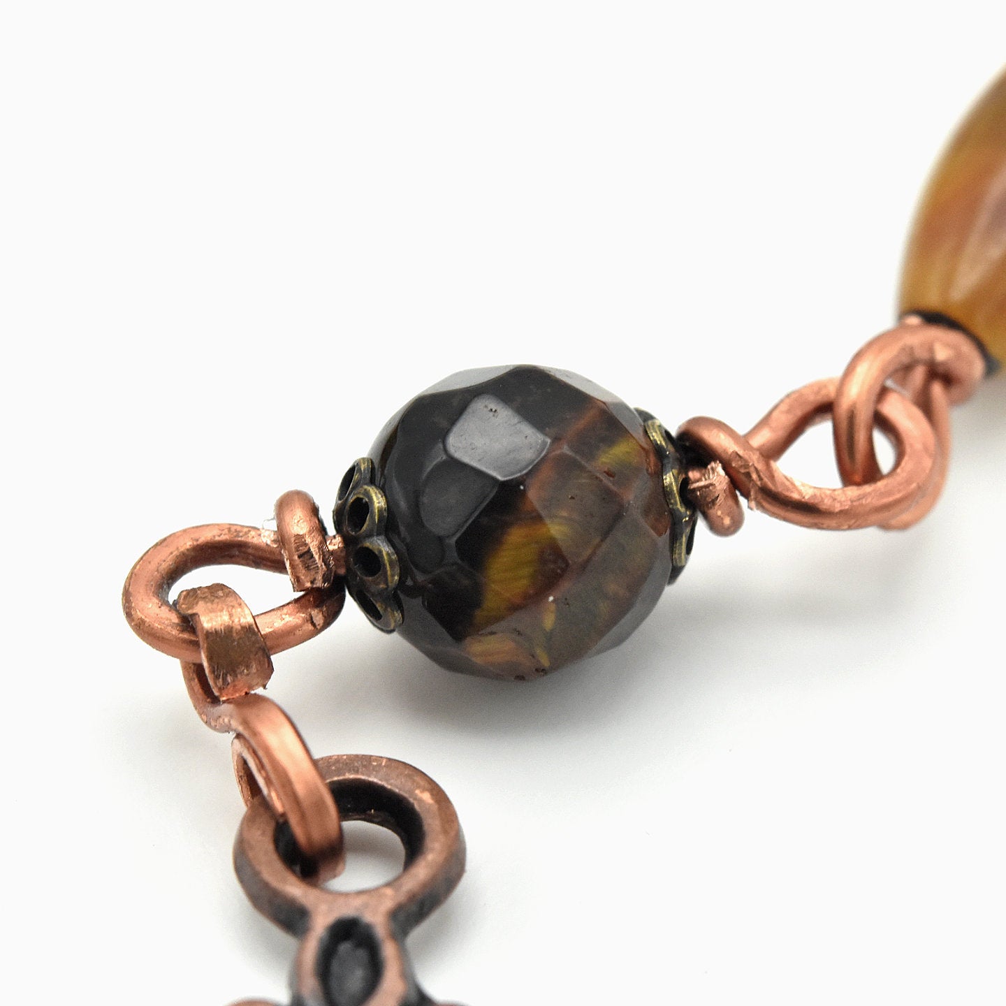 Handmade One-of-a-Kind Italian Copper & Tiger’s Eye Chaplet – 13″ Pocket Rosary