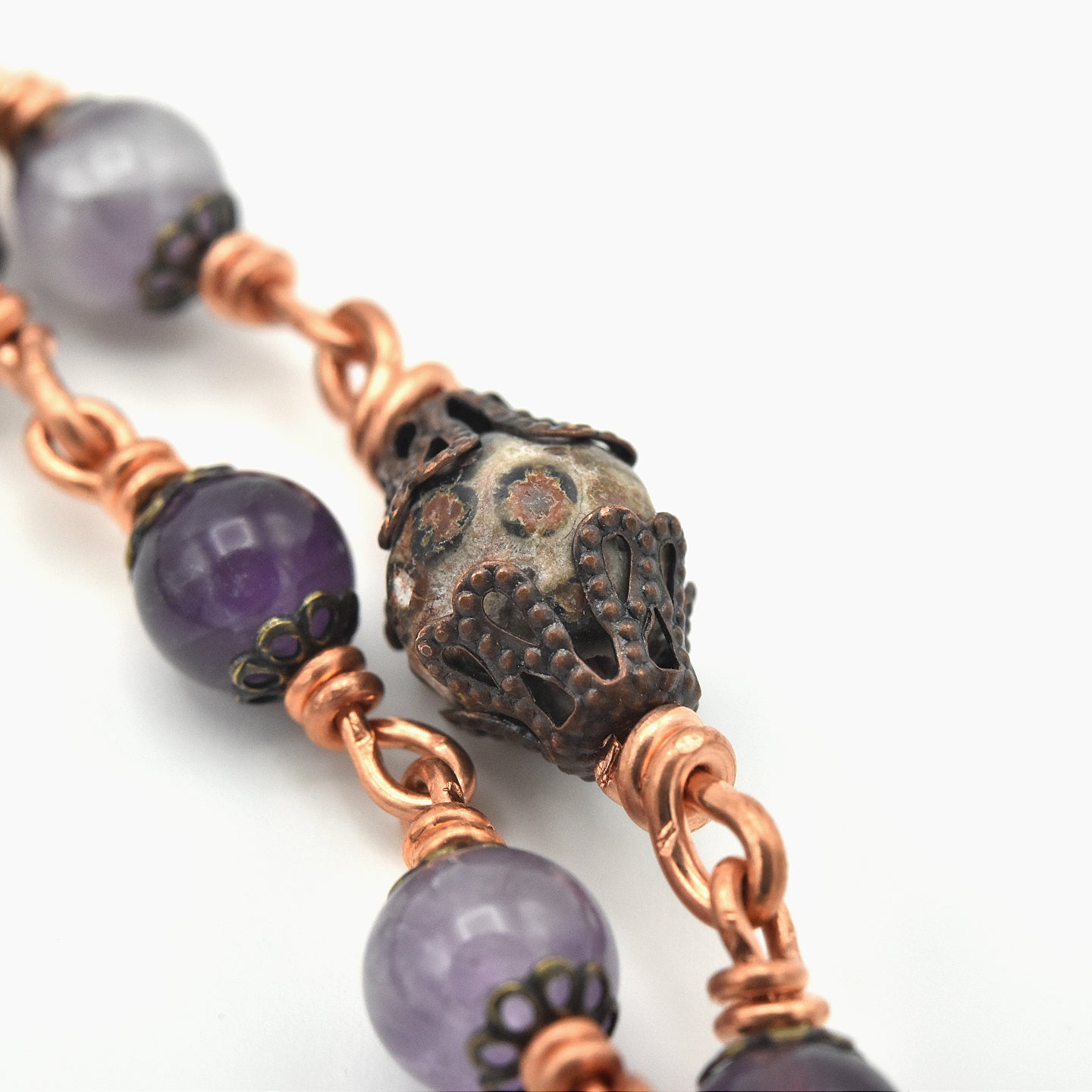 Handmade Copper Amethyst & Leopard Jasper Five-Decade Rosary – One of One (25.5″ Length)