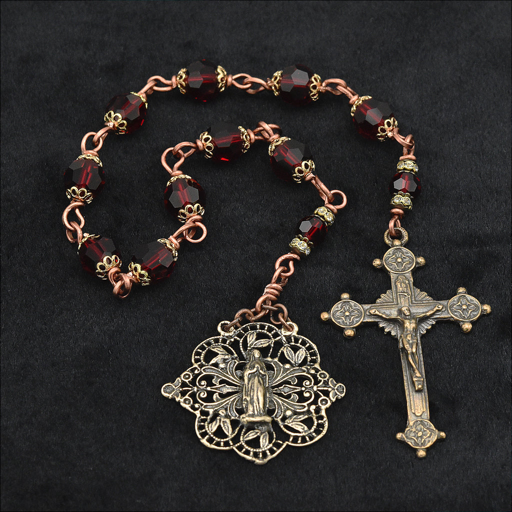 Handmade Preciosa Crystal & Copper One-Decade Pocket Chaplet – One of One (13″ Length)