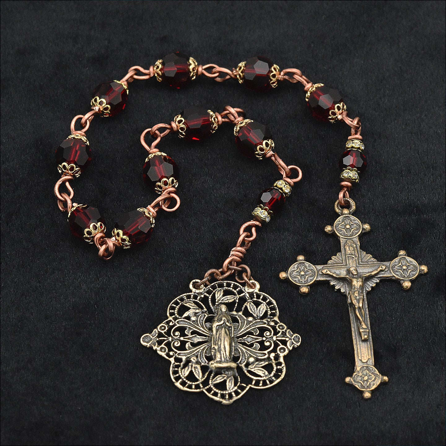 Handmade Preciosa Crystal & Copper One-Decade Pocket Chaplet – One of One (13″ Length)