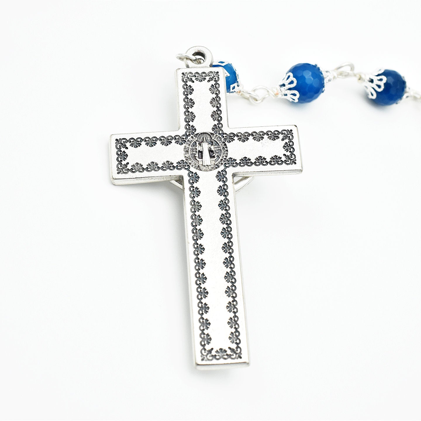 Handmade Silver-Plated Blue Fire Agate & Purple Glass Five-Decade Wall Rosary – One of One (40″ Length)