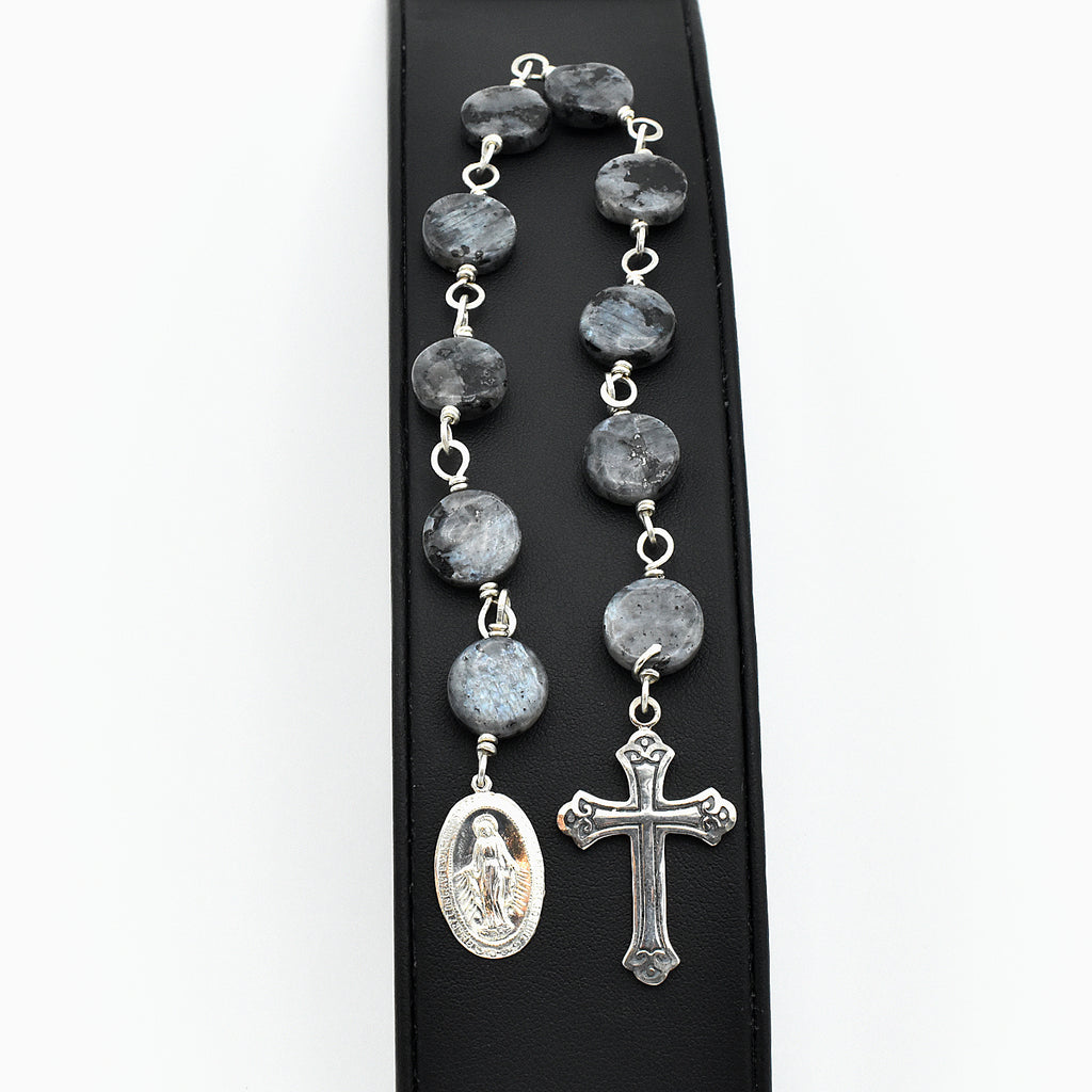 Silver Labradorite Chaplet - Single Decade Pocket Rosary with Miraculous Medal