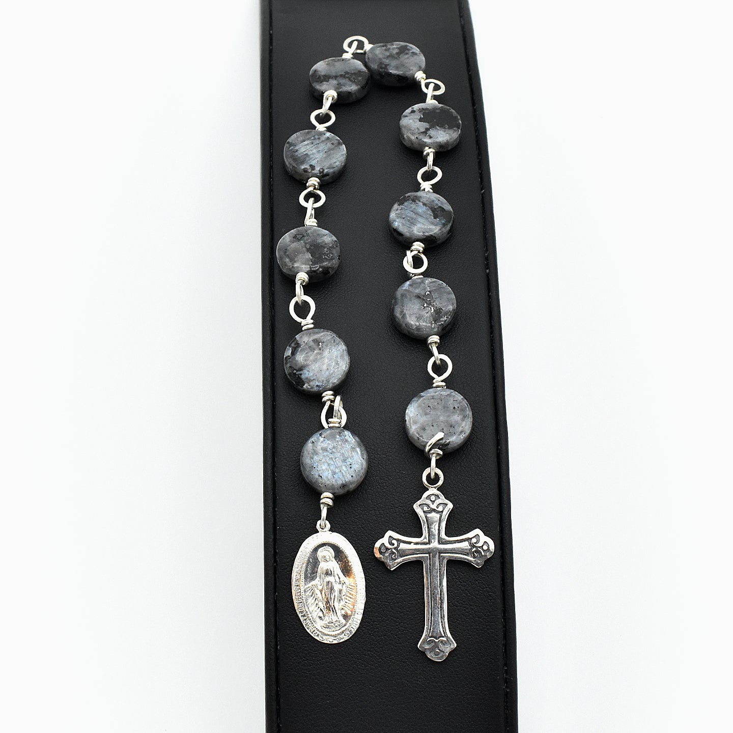 Silver Labradorite Chaplet - Single Decade Pocket Rosary with Miraculous Medal