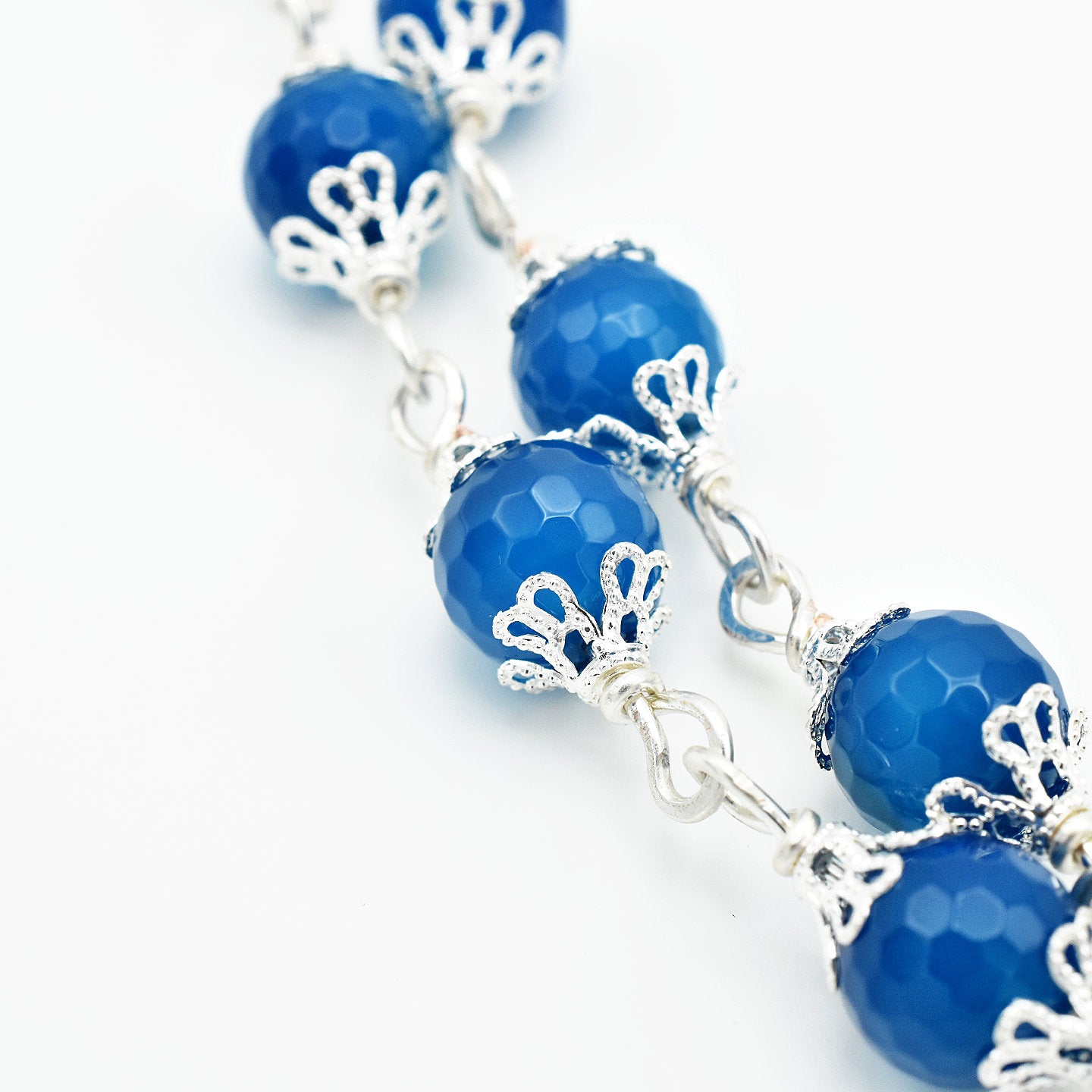 Handmade Silver-Plated Blue Fire Agate & Purple Glass Five-Decade Wall Rosary – One of One (40″ Length)
