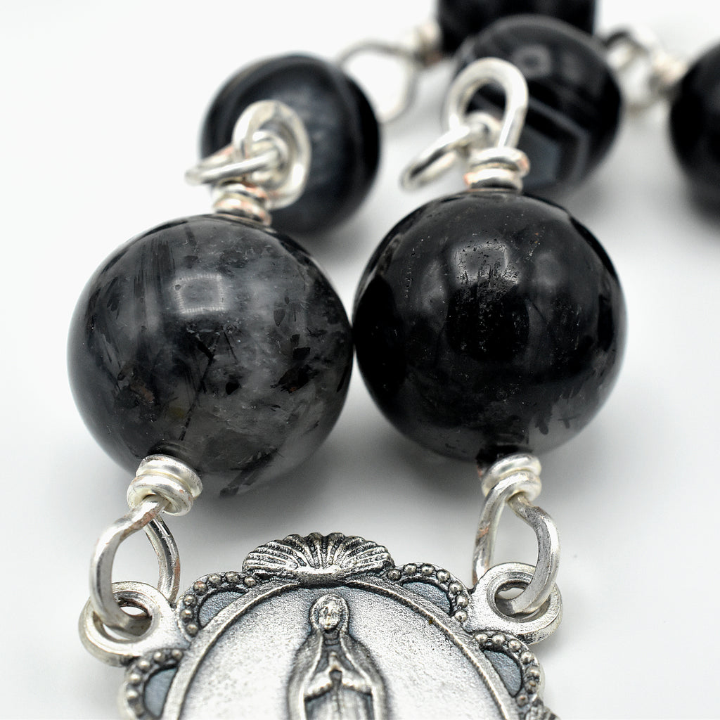 Handmade Silver-Plated Quartz & Black Agate Five-Decade Wall Rosary – One of One (33″ Length)