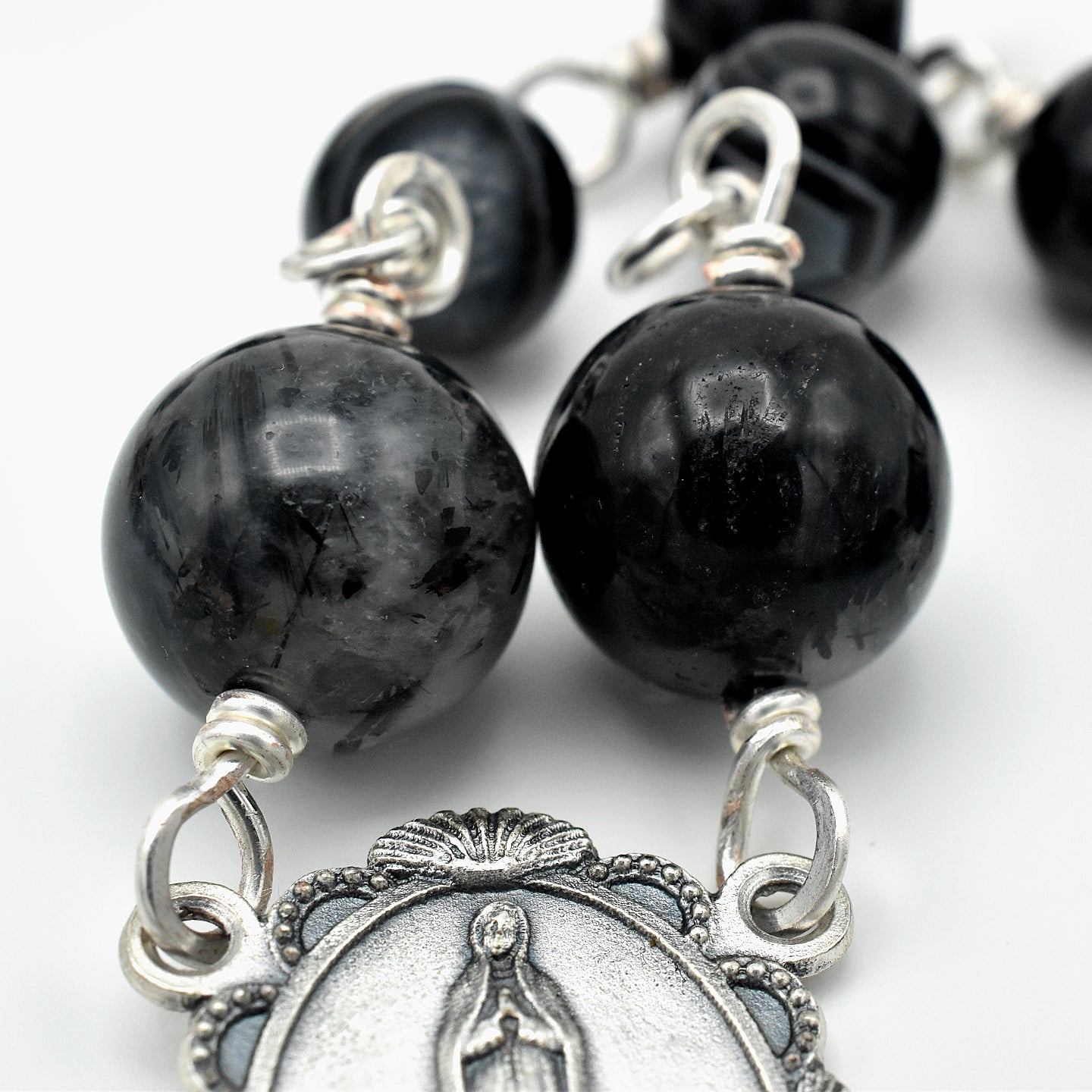 Handmade Silver-Plated Quartz & Black Agate Five-Decade Wall Rosary – One of One (33″ Length)