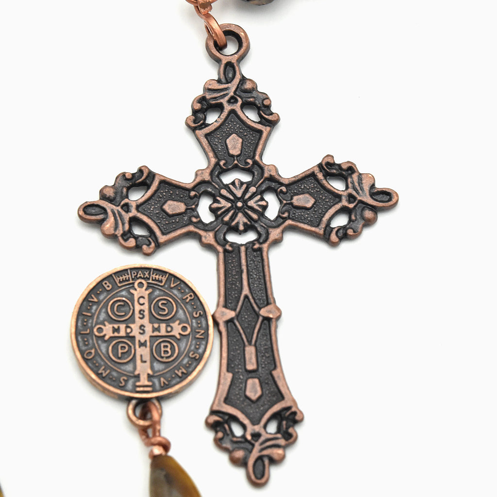 Handmade One-of-a-Kind Italian Copper & Tiger’s Eye Chaplet – 13″ Pocket Rosary
