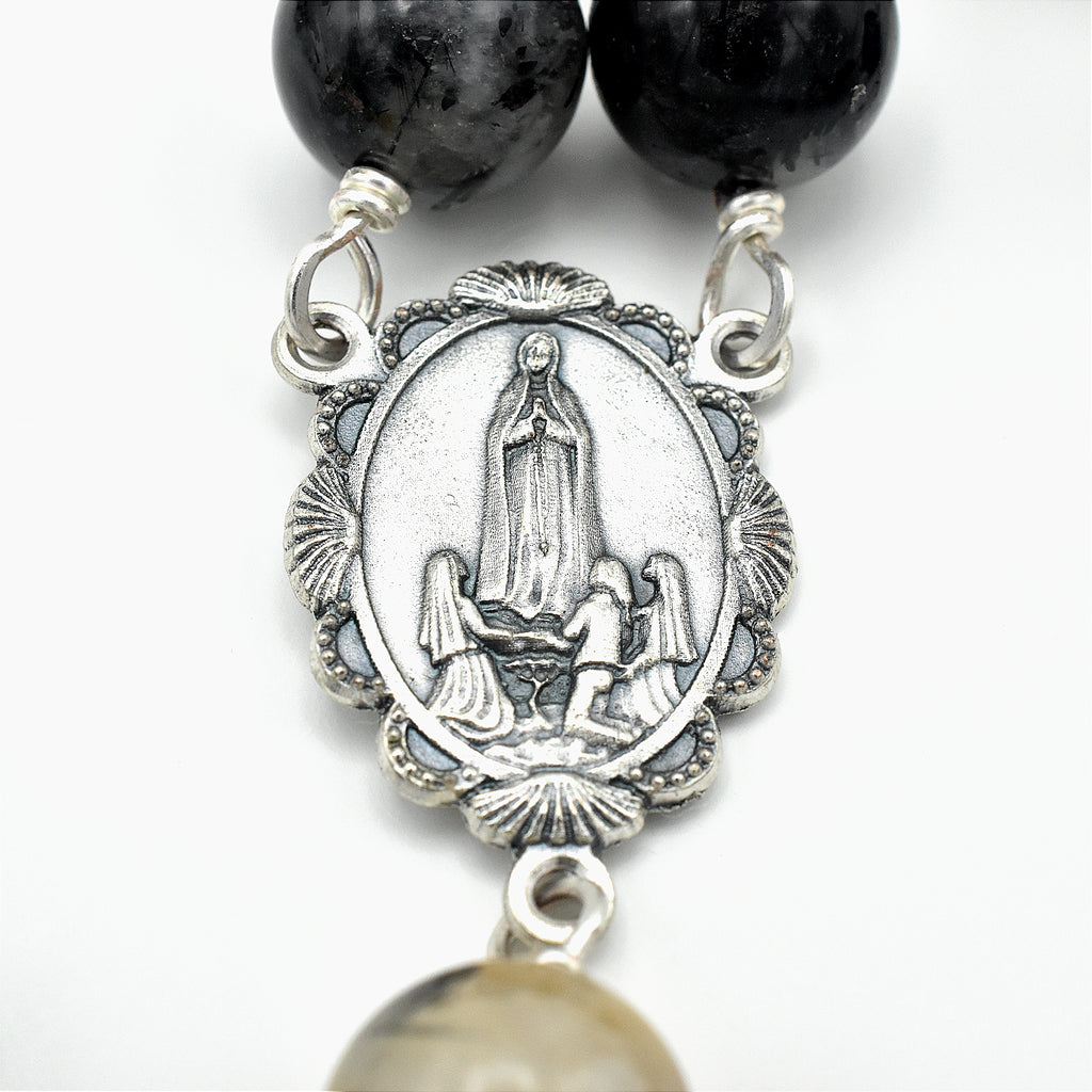 Handmade Silver-Plated Quartz & Black Agate Five-Decade Wall Rosary – One of One (33″ Length)