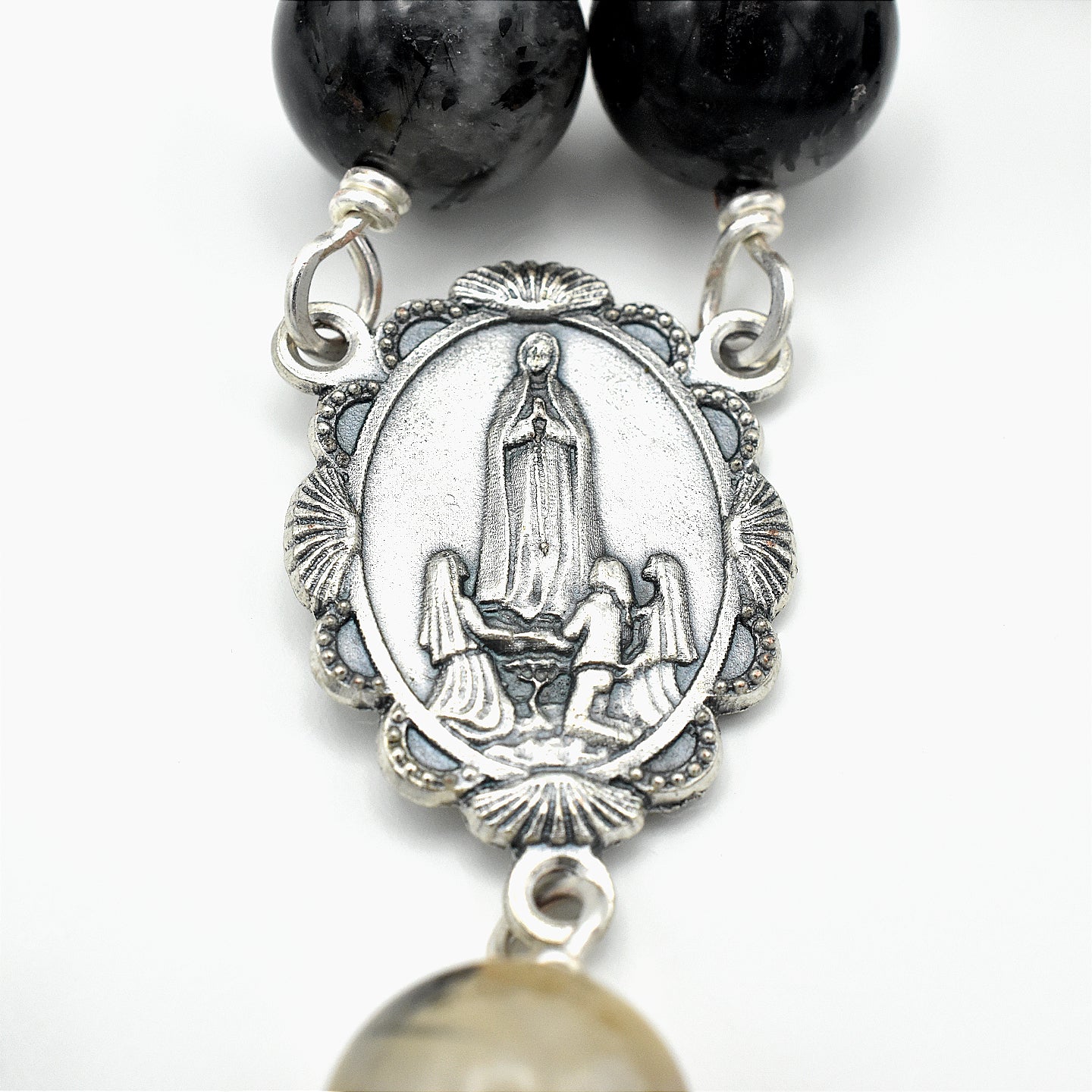 Handmade Silver-Plated Quartz & Black Agate Five-Decade Wall Rosary – One of One (33″ Length)