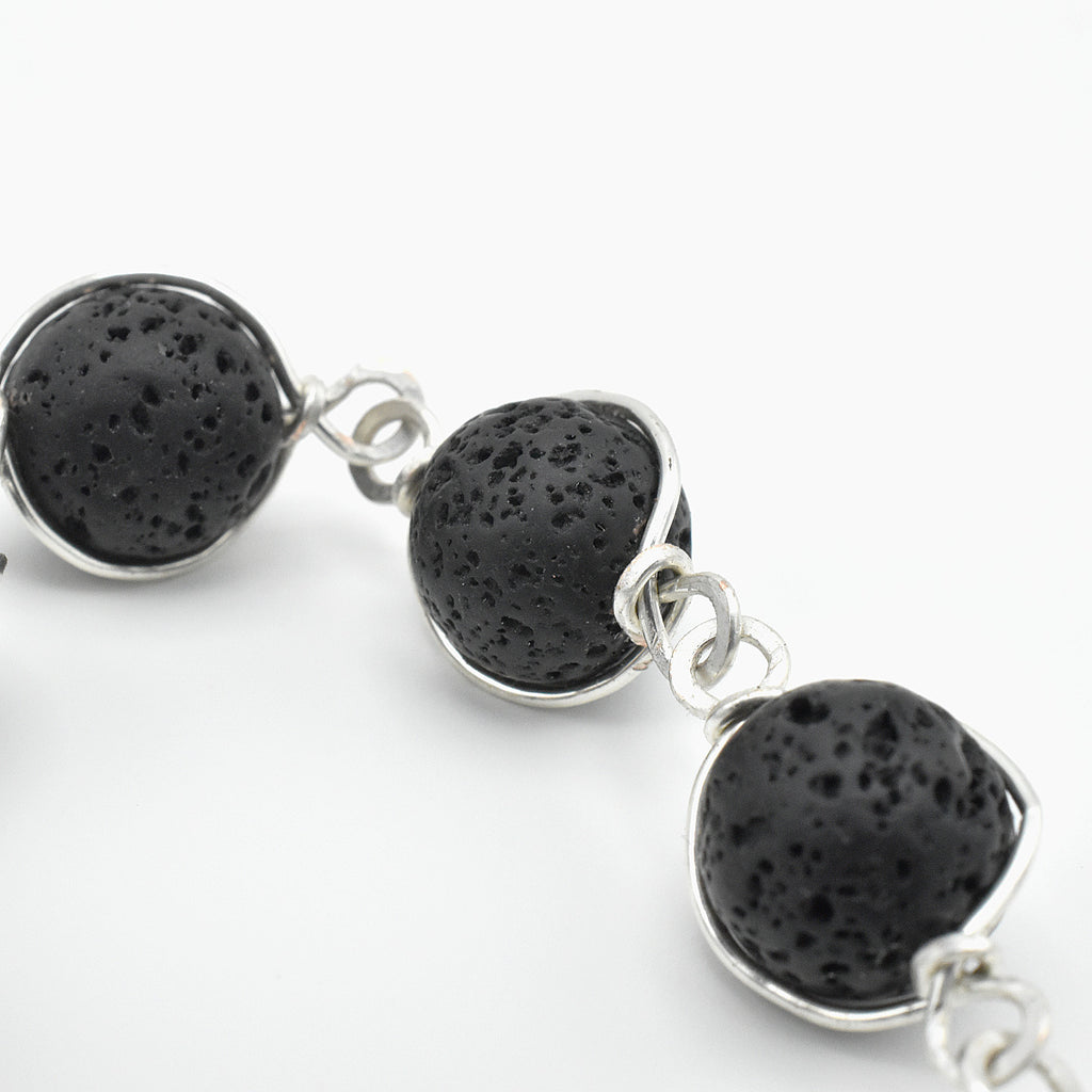One-of-a-Kind Lava Stone Hand Rosary – Silver Plated Wire Wrapped Pocket Chaplet