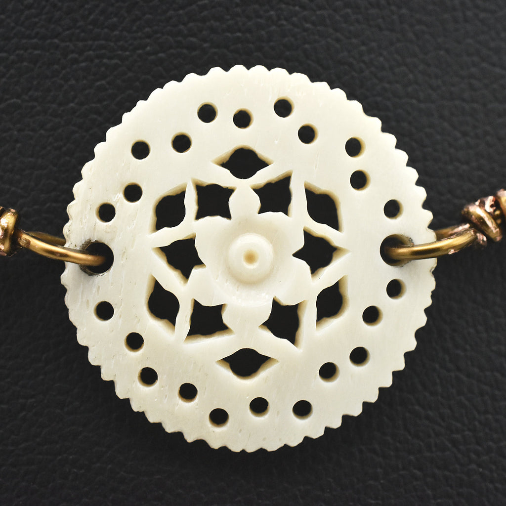 Handcrafted Carved Bone Mandala Choker Necklace with Etched Black Bone, Natural Agate & Handmade Copper Links – 17"
