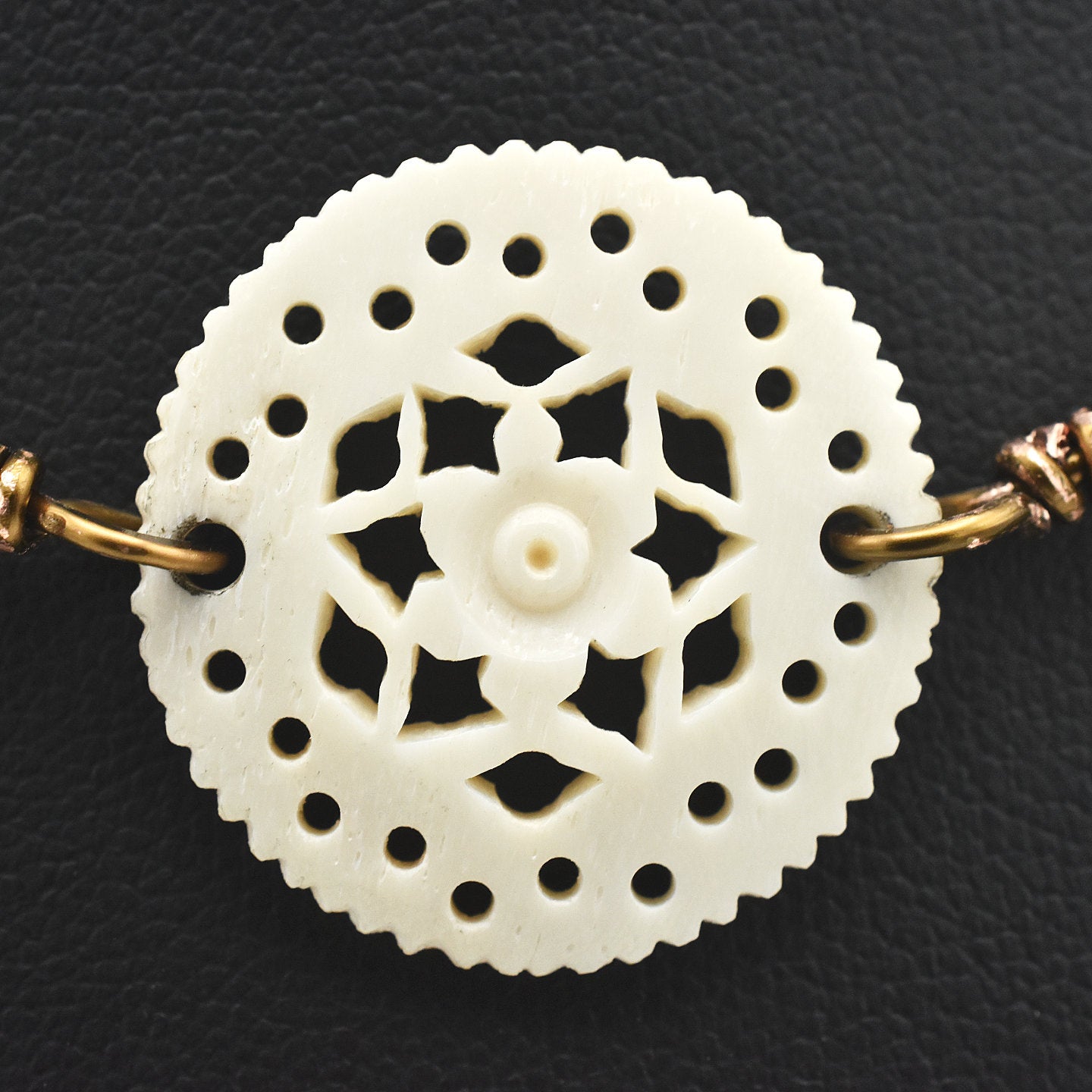 Handcrafted Carved Bone Mandala Choker Necklace with Etched Black Bone, Natural Agate & Handmade Copper Links – 17"