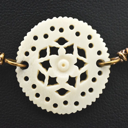 Handcrafted Carved Bone Mandala Choker Necklace with Etched Black Bone, Natural Agate & Handmade Copper Links – 17"