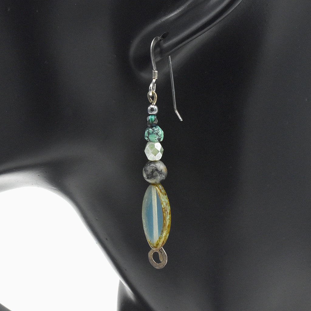 Handmade Turquoise & Glass Drop Earrings – Sterling Silver – One of One (2.5" Length)