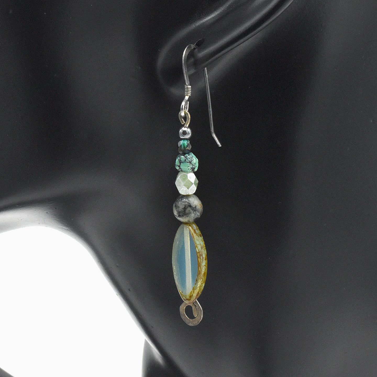Handmade Turquoise & Glass Drop Earrings – Sterling Silver – One of One (2.5" Length)