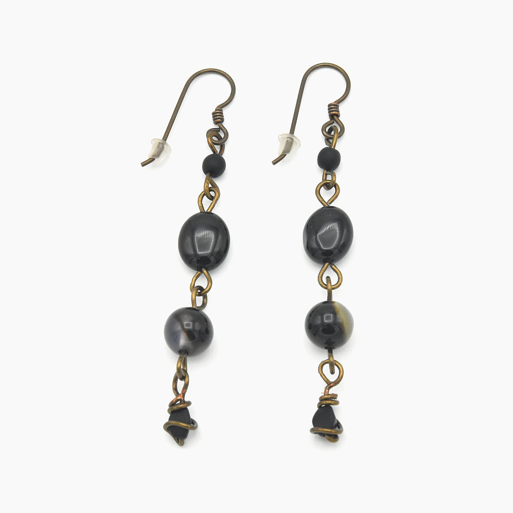 Handmade Black Agate Dangle Earrings – Copper Niobium Earwires – One of One (2.5" Length)