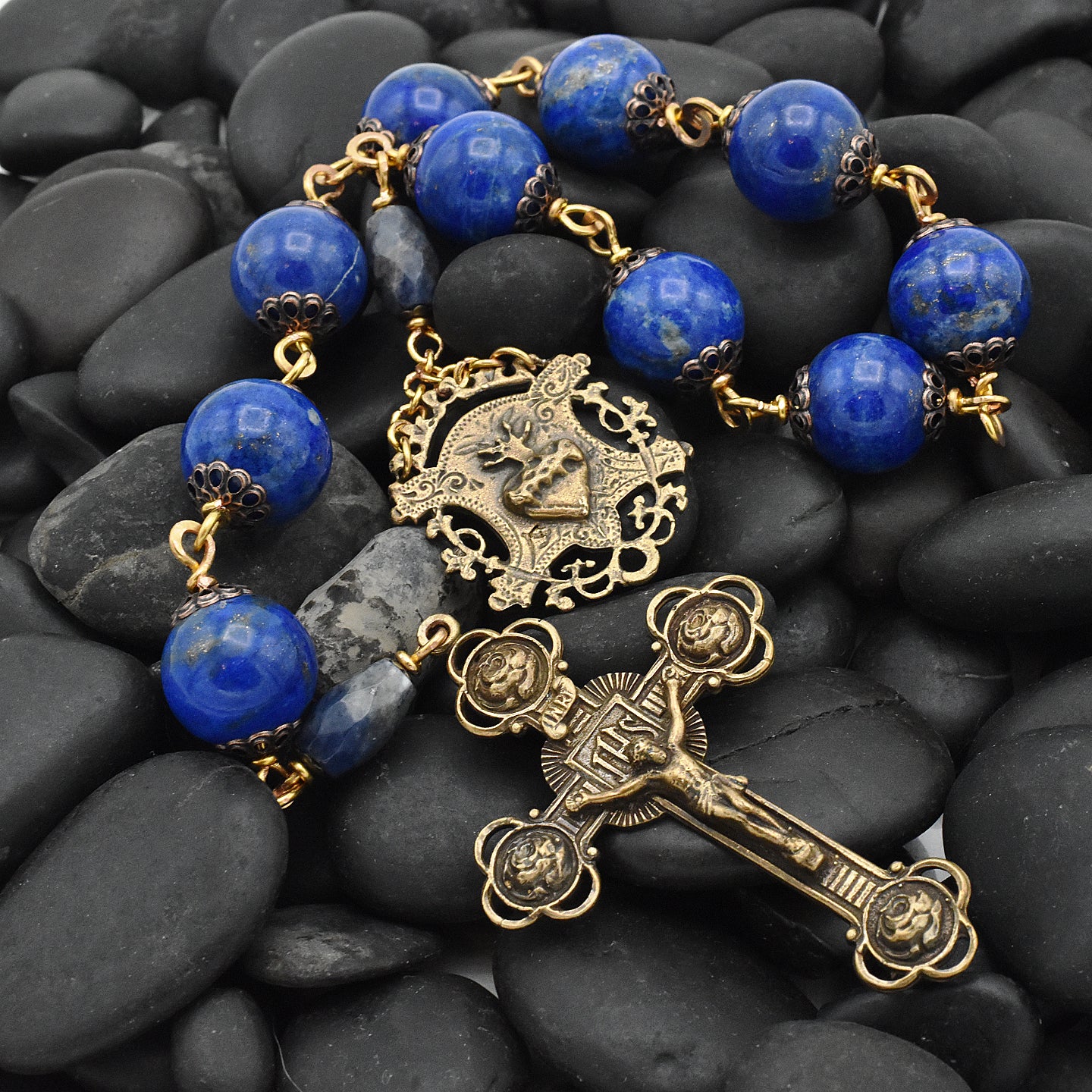 One-of-a-Kind Lapis Lazuli Hand Rosary – Gold Plated & Bronze Pocket Chaplet