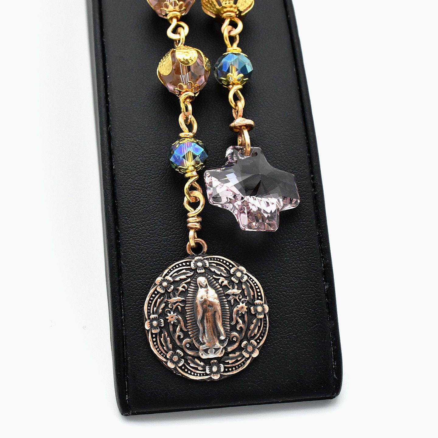 Our Lady of Guadalupe Chaplet - Pink Swarovski Crystal & Gold Toned Pocket Rosary