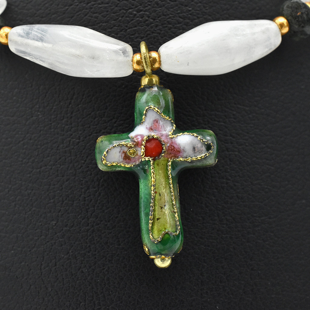 Handmade Gemstone Spiritual Bracelet – Cloisonné Cross – One of One (7.5-8" Length)