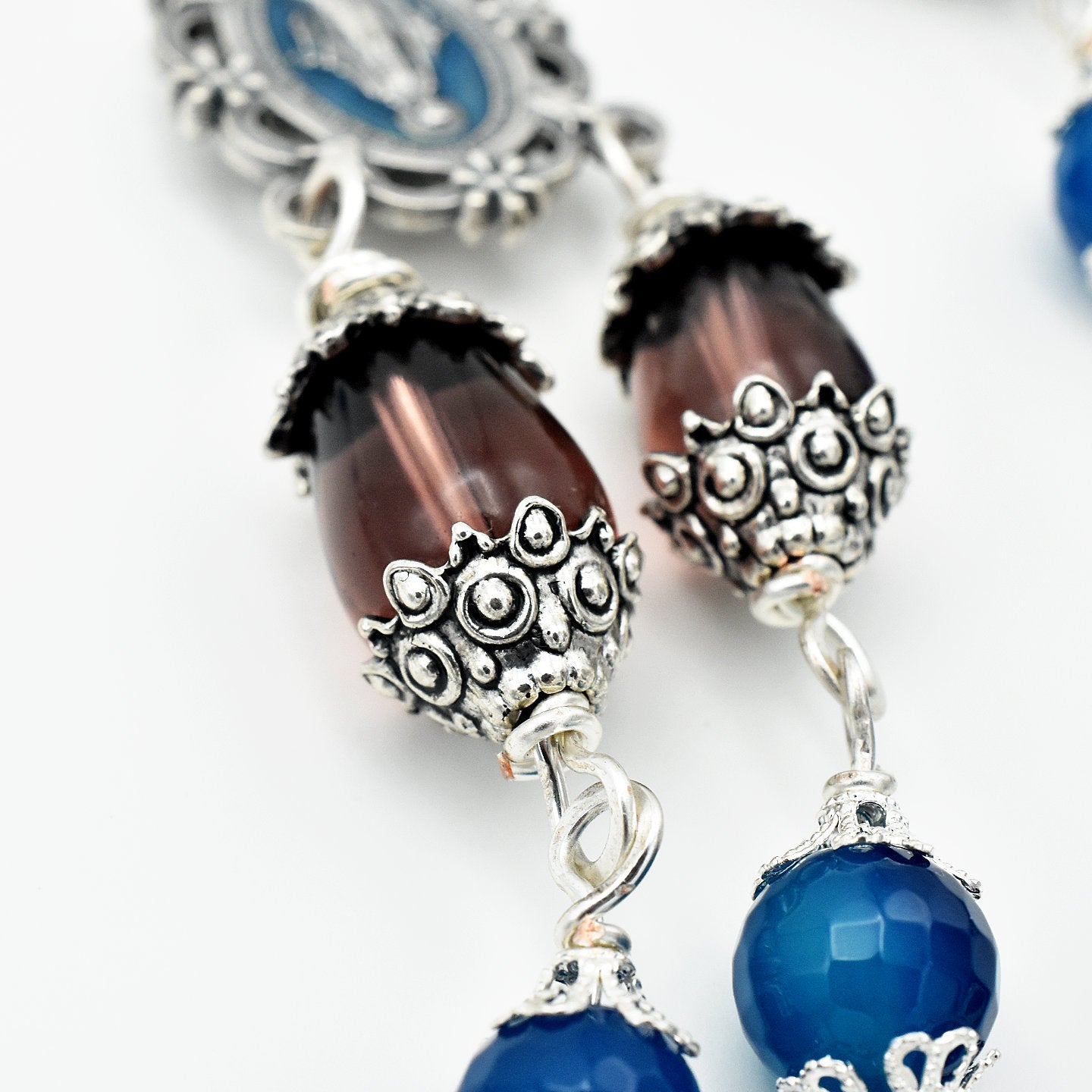 Handmade Silver-Plated Blue Fire Agate & Purple Glass Five-Decade Wall Rosary – One of One (40″ Length)