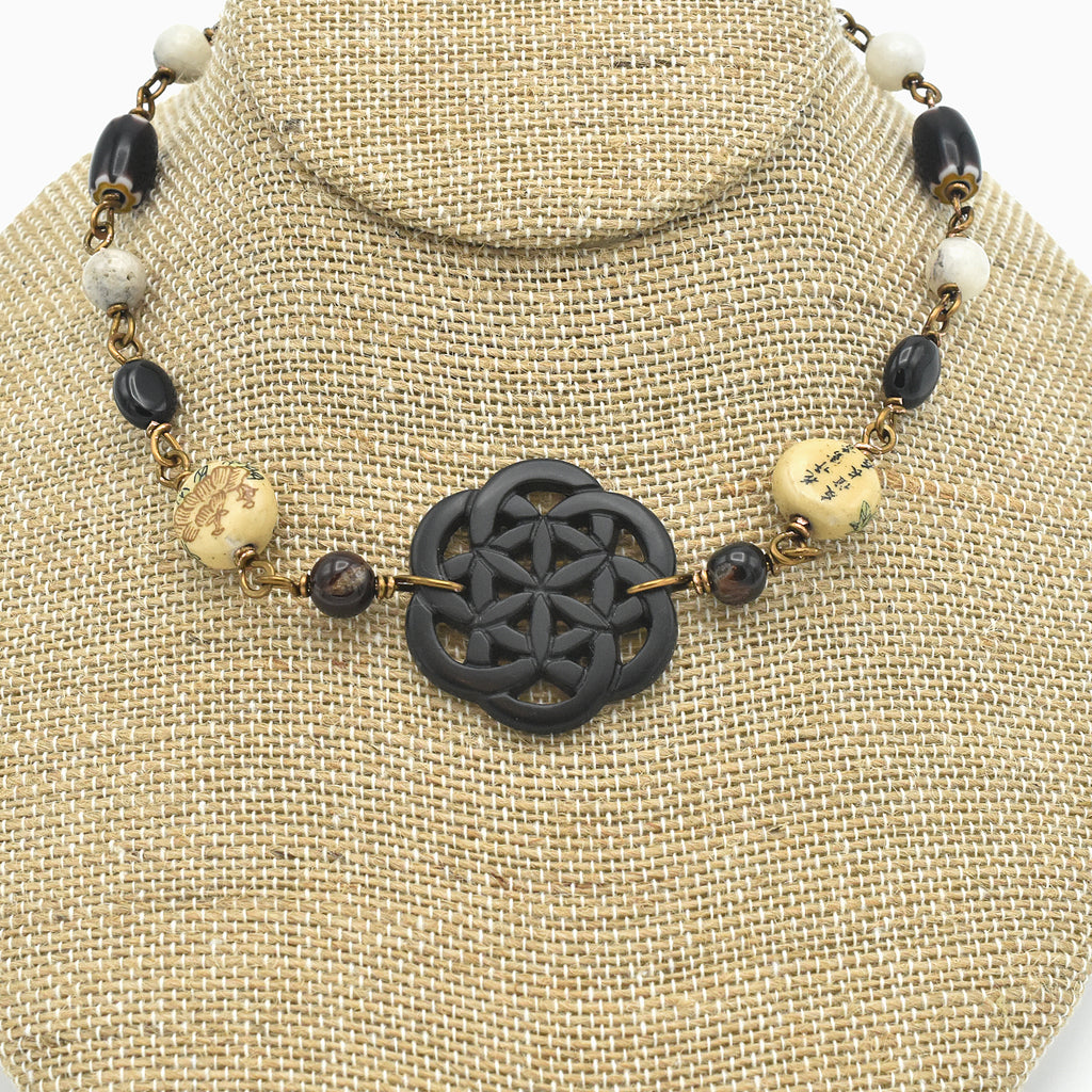 Handcrafted Carved Horn Statement Necklace – Boho Tribal Chevron & Vintage Bronze Choker