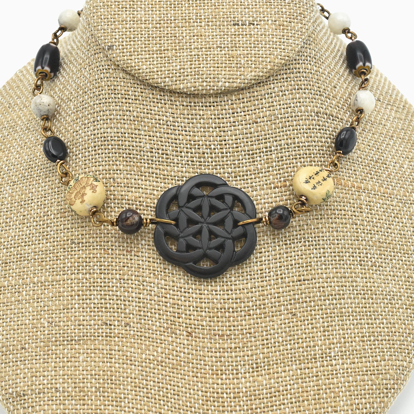 Handcrafted Carved Horn Statement Necklace – Boho Tribal Chevron & Vintage Bronze Choker