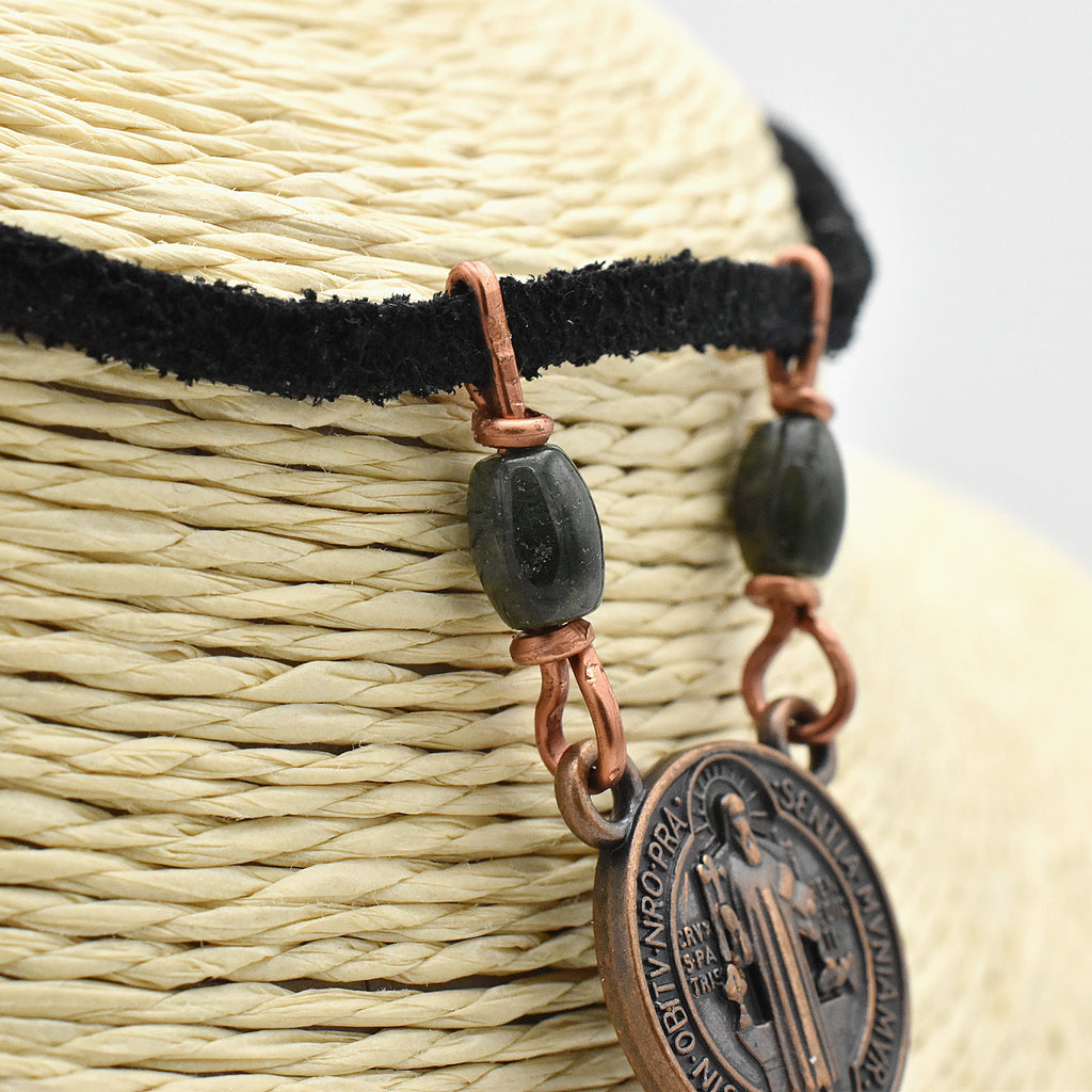 One-of-a-Kind Suede St. Benedict Cross Choker – Handmade Copper & Agate Sacred Necklace