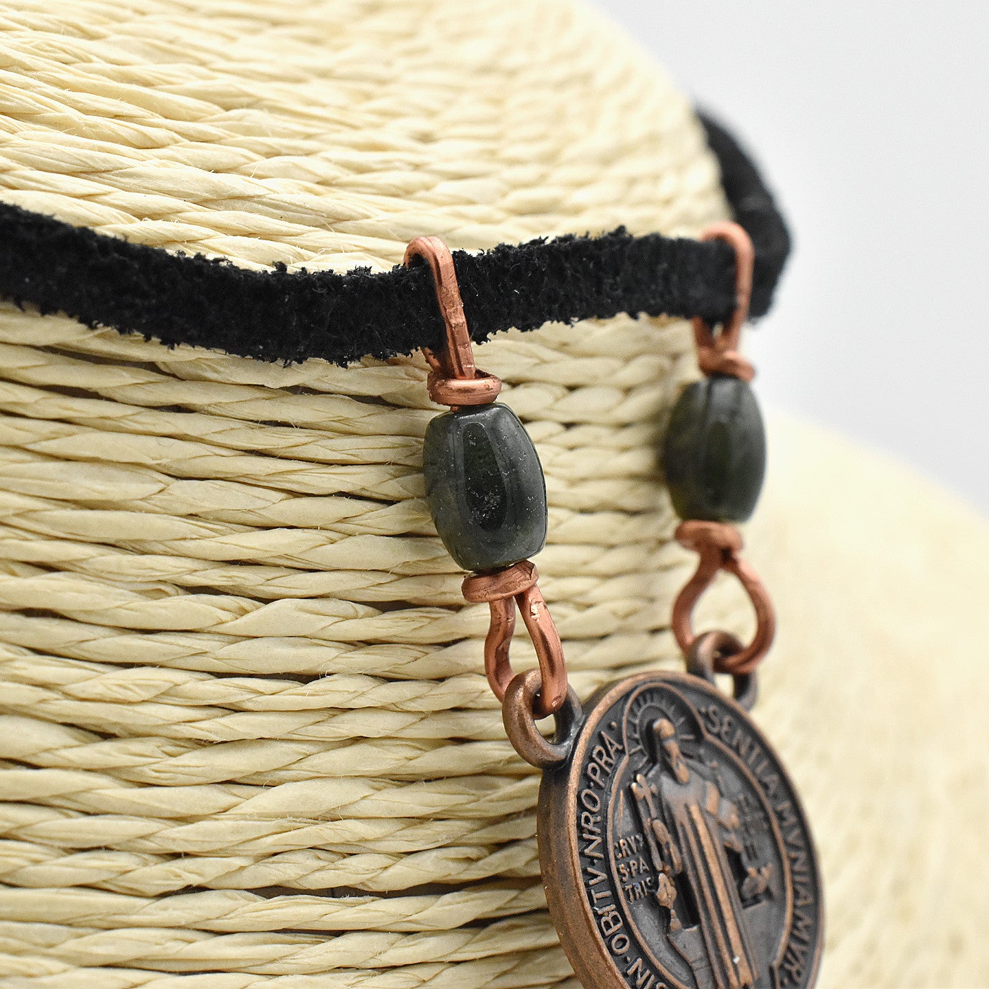 One-of-a-Kind Suede St. Benedict Cross Choker – Handmade Copper & Agate Sacred Necklace
