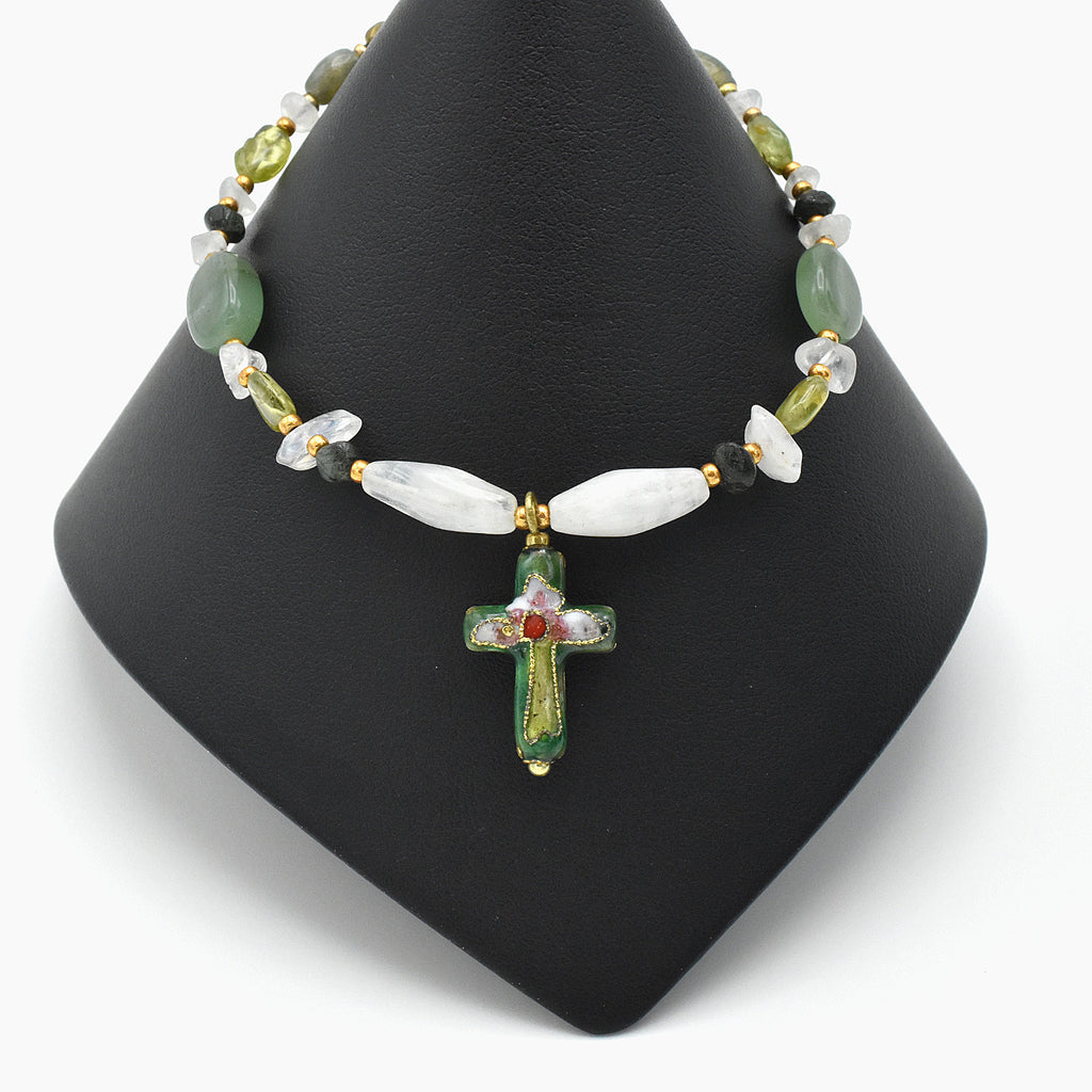 Handmade Gemstone Spiritual Bracelet – Cloisonné Cross – One of One (7.5-8" Length)