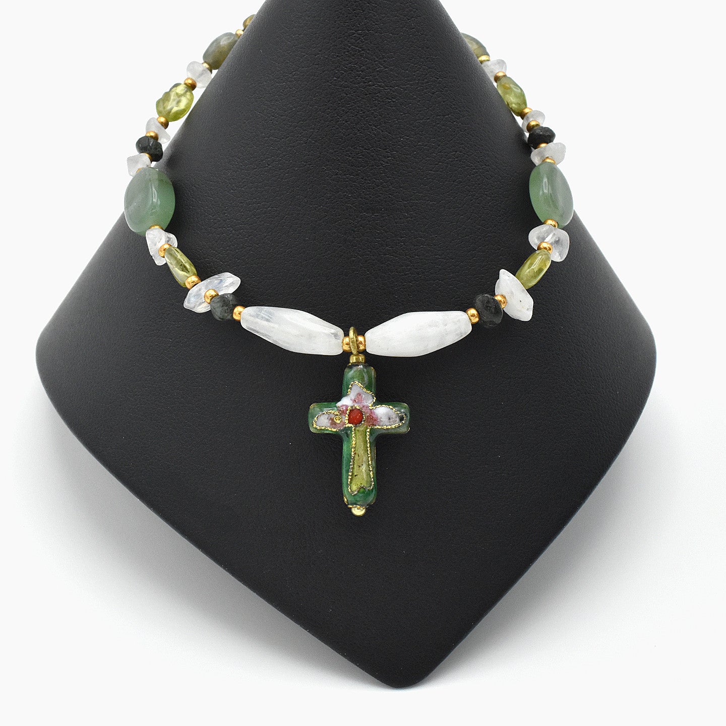 Handmade Gemstone Spiritual Bracelet – Cloisonné Cross – One of One (7.5-8" Length)