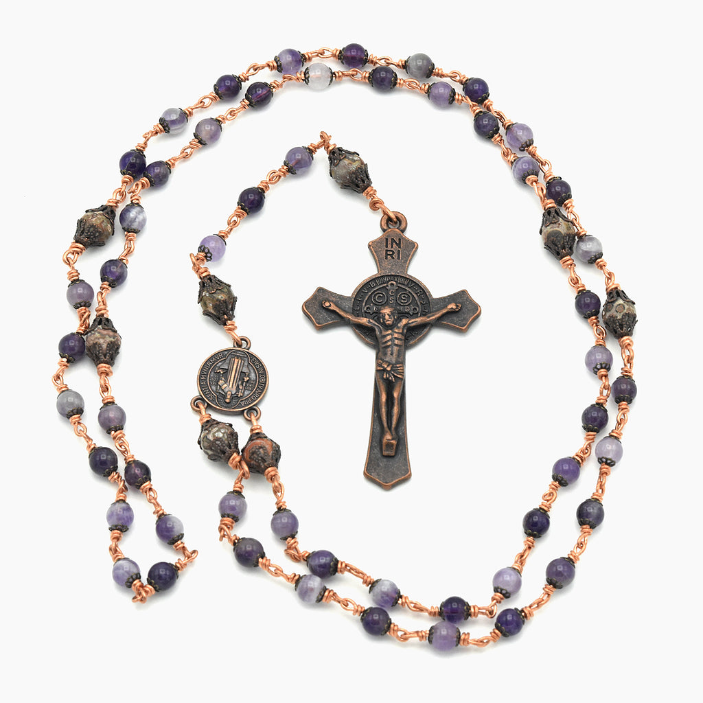 Handmade Copper Amethyst & Leopard Jasper Five-Decade Rosary – One of One (25.5″ Length)