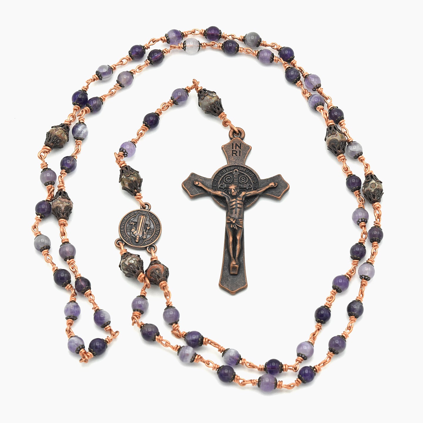 Handmade Copper Amethyst & Leopard Jasper Five-Decade Rosary – One of One (25.5″ Length)