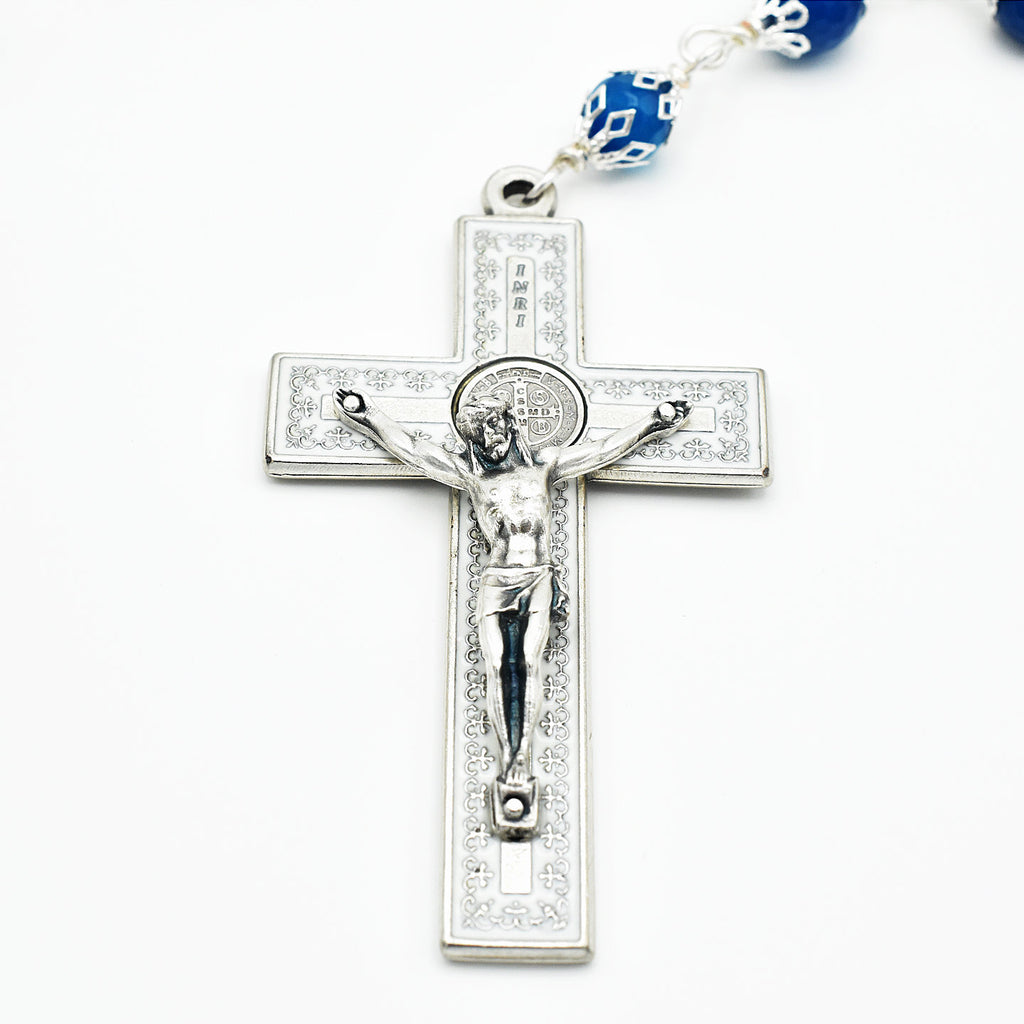 Handmade Silver-Plated Blue Fire Agate & Purple Glass Five-Decade Wall Rosary – One of One (40″ Length)