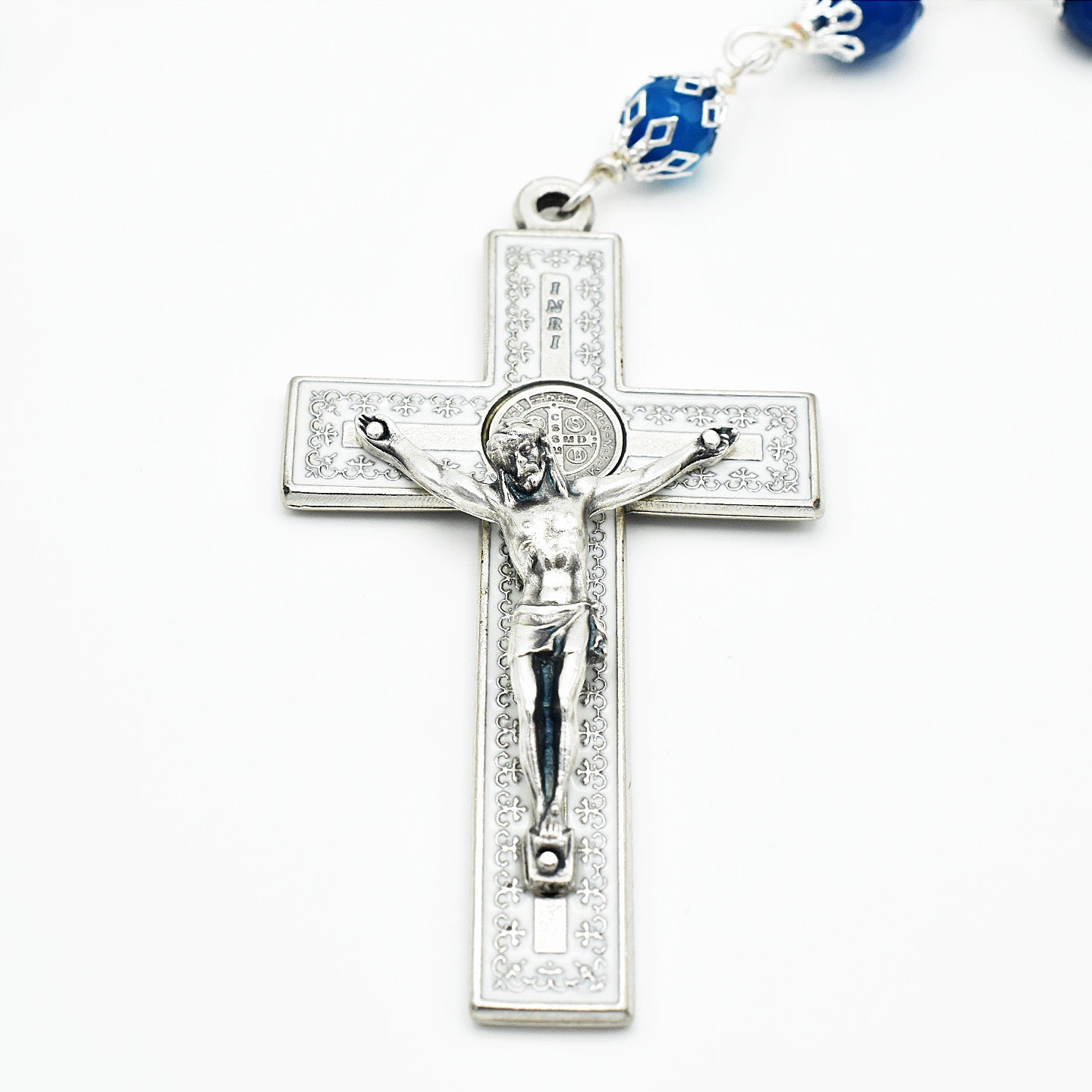 Handmade Silver-Plated Blue Fire Agate & Purple Glass Five-Decade Wall Rosary – One of One (40″ Length)