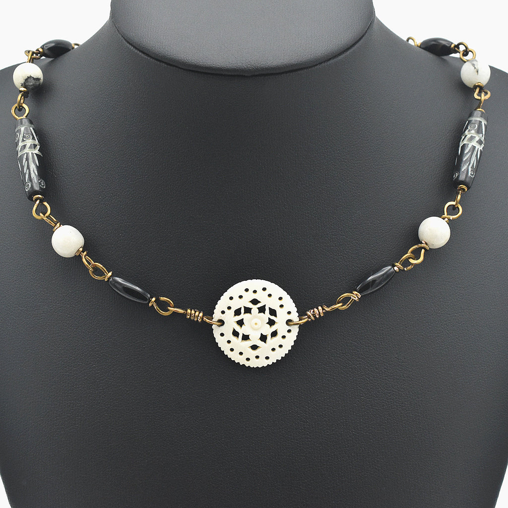 Handcrafted Carved Bone Mandala Choker Necklace with Etched Black Bone, Natural Agate & Handmade Copper Links – 17"
