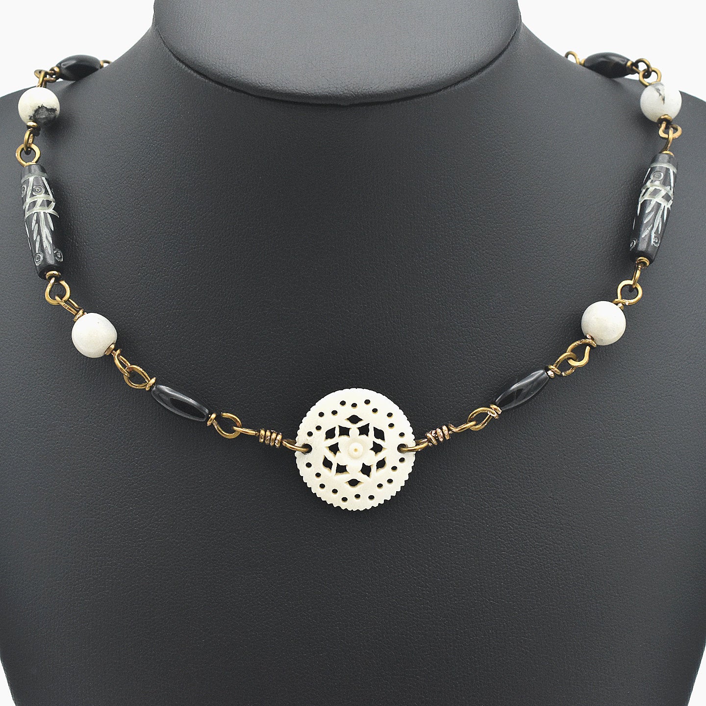 Handcrafted Carved Bone Mandala Choker Necklace with Etched Black Bone, Natural Agate & Handmade Copper Links – 17"