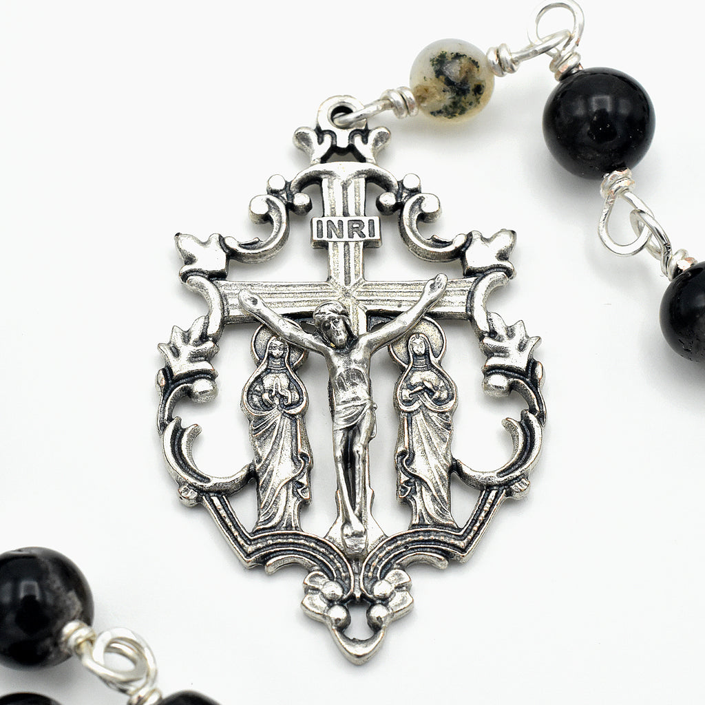 Handmade Silver-Plated Quartz & Black Agate Five-Decade Wall Rosary – One of One (33″ Length)