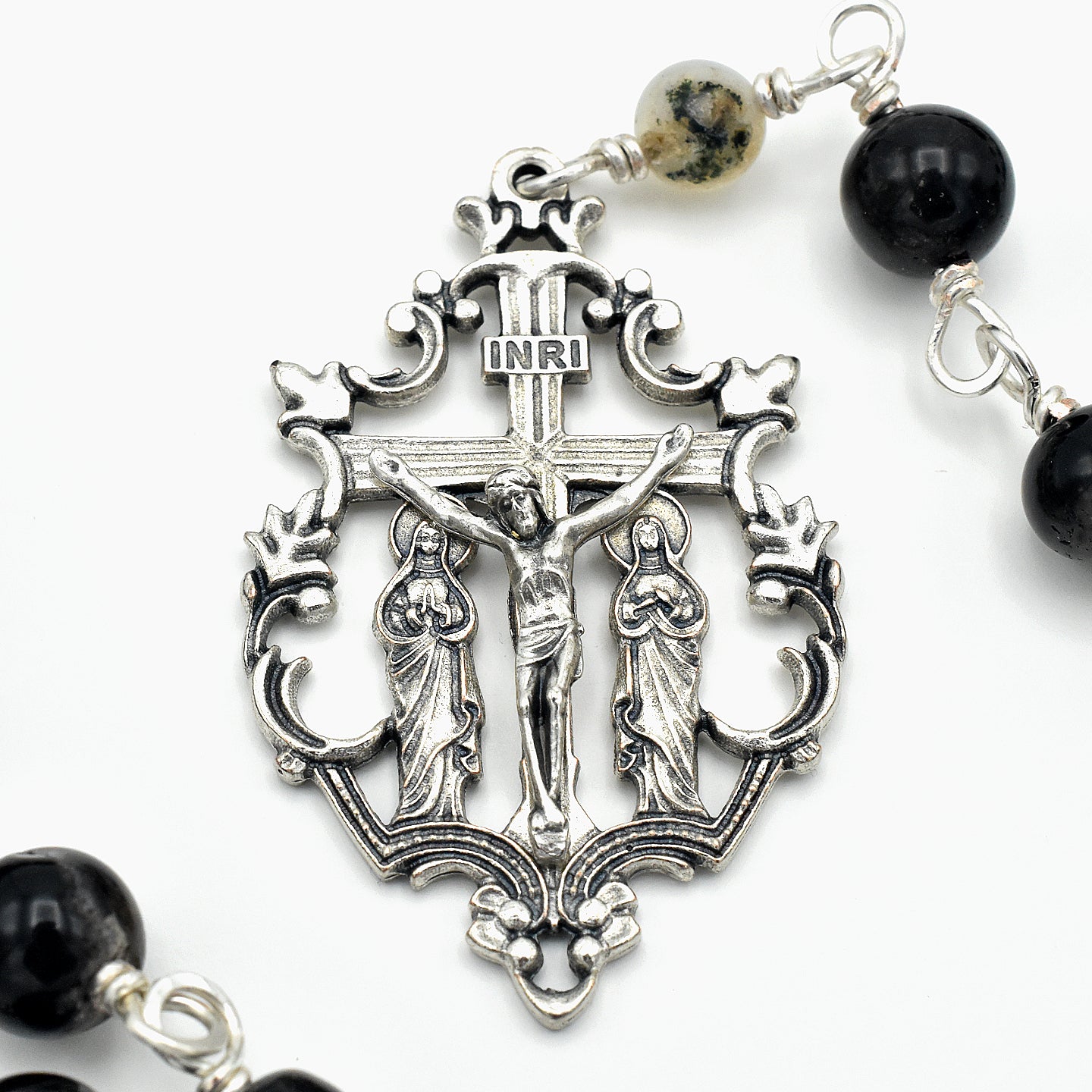 Handmade Silver-Plated Quartz & Black Agate Five-Decade Wall Rosary – One of One (33″ Length)