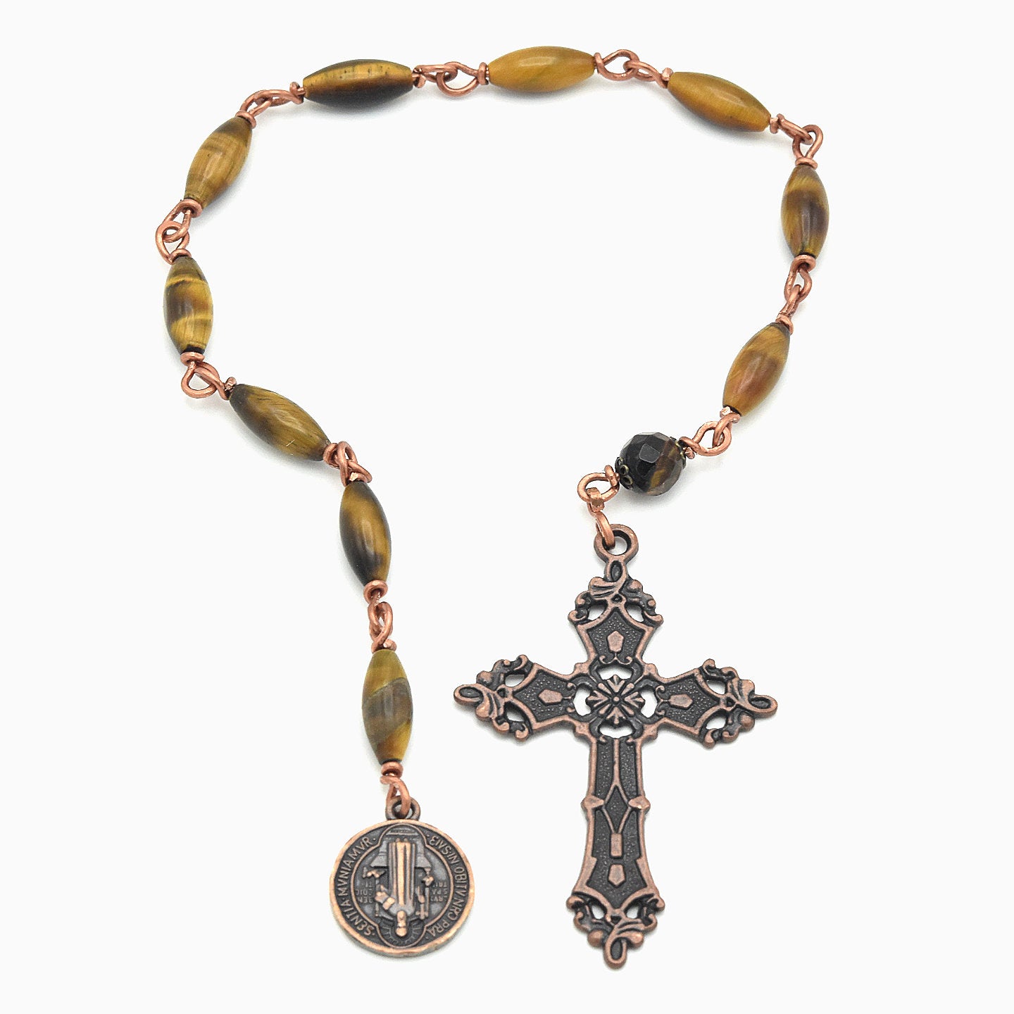 Handmade One-of-a-Kind Italian Copper & Tiger’s Eye Chaplet – 13″ Pocket Rosary
