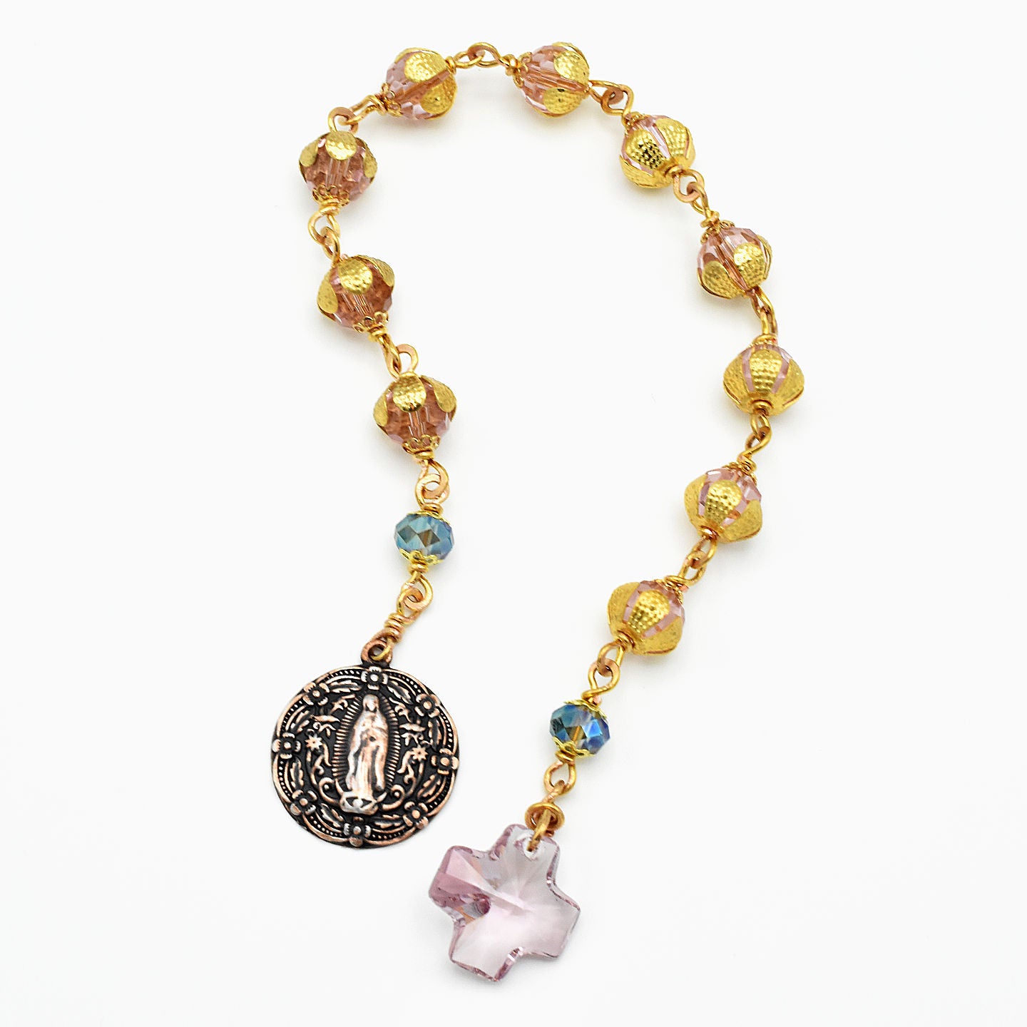 Our Lady of Guadalupe Chaplet - Pink Swarovski Crystal & Gold Toned Pocket Rosary
