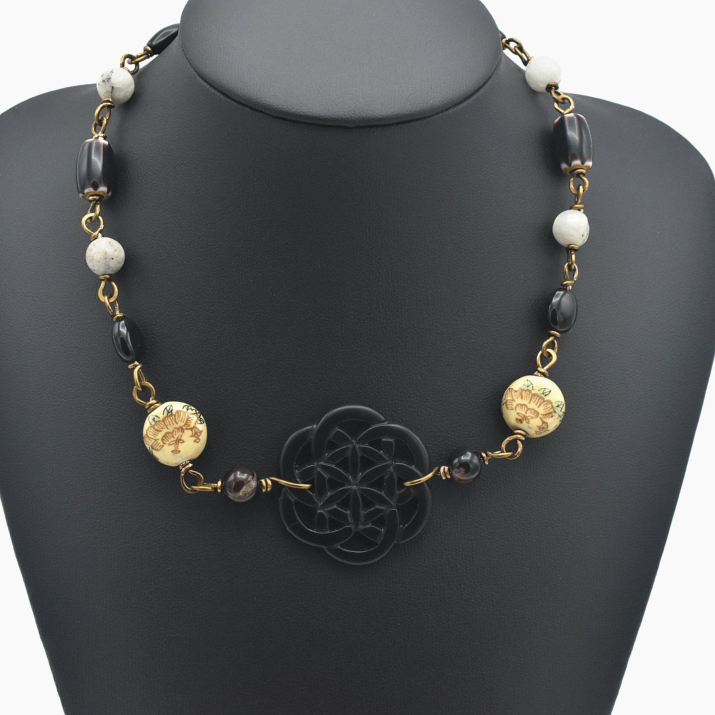 Handcrafted Carved Horn Statement Necklace – Boho Tribal Chevron & Vintage Bronze Choker