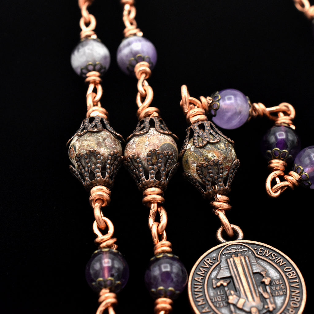 Handmade Copper Amethyst & Leopard Jasper Five-Decade Rosary – One of One (25.5″ Length)