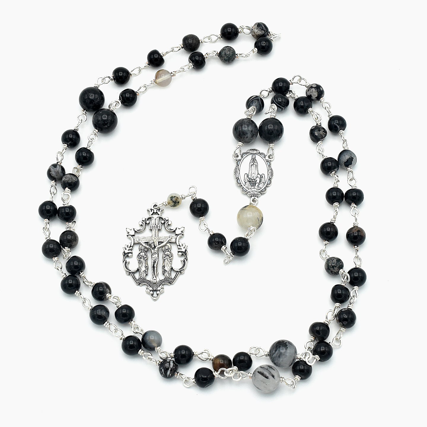 Handmade Silver-Plated Quartz & Black Agate Five-Decade Wall Rosary – One of One (33″ Length)