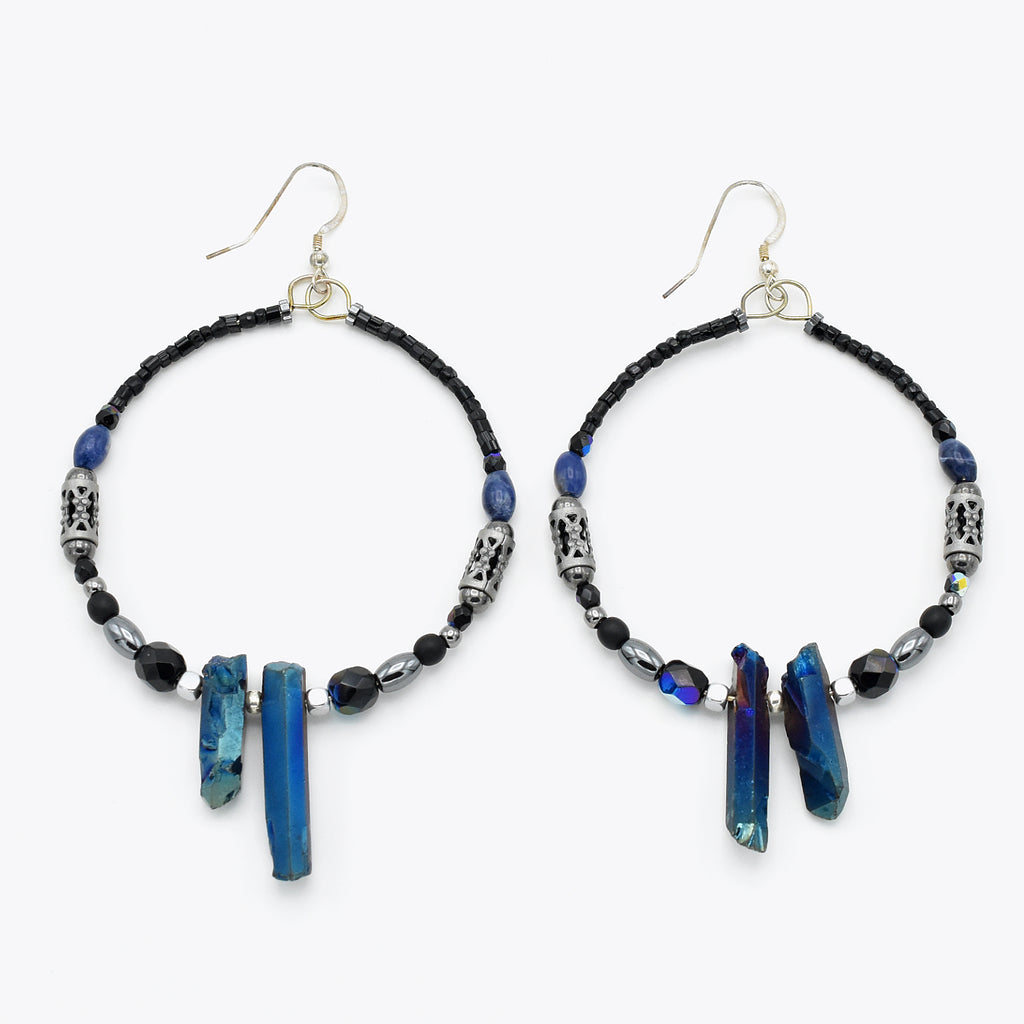 Iridescence Blue Hoops – Handmade Quartz, Hemalyke & Sodalite Earrings with Sterling Silver Ear Wires