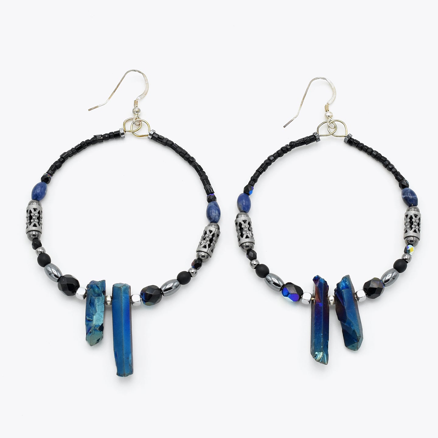 Iridescence Blue Hoops – Handmade Quartz, Hemalyke & Sodalite Earrings with Sterling Silver Ear Wires